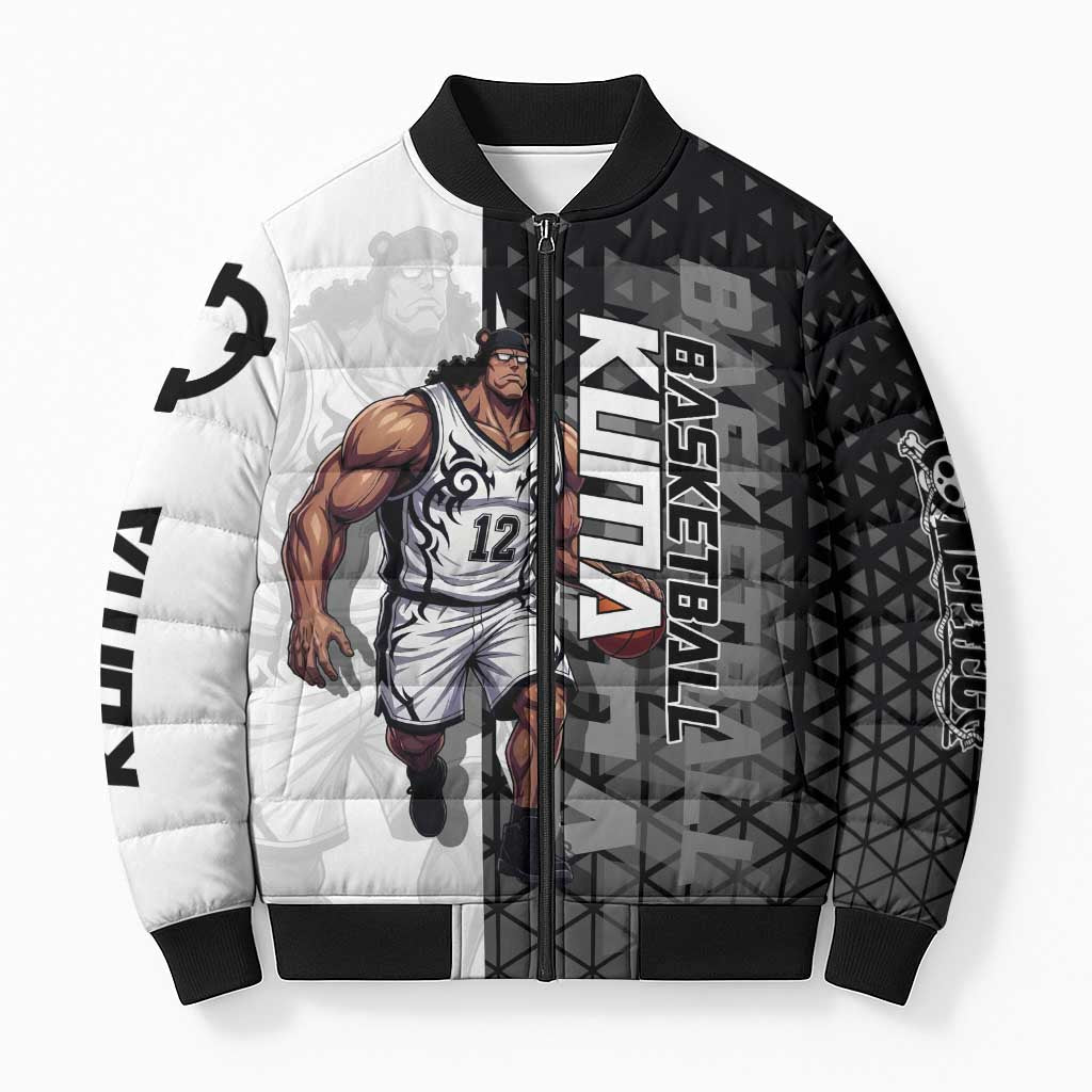 Bartholomew Kuma One Piece Basketball Crossover Design Bomber Puffer Jacket with Monochrome Geometric Background and Dynamic Pose - The Mazicc