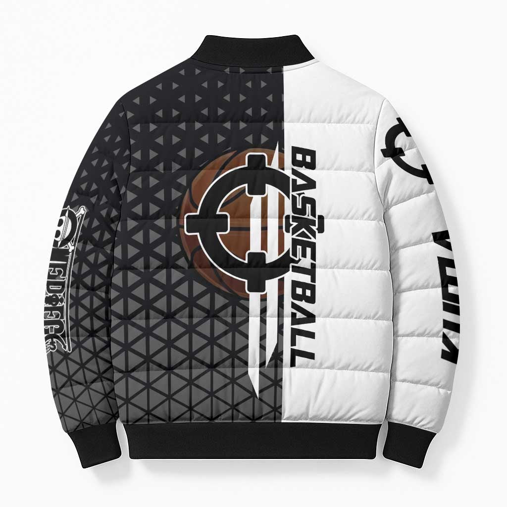 Bartholomew Kuma One Piece Basketball Crossover Design Bomber Puffer Jacket with Monochrome Geometric Background and Dynamic Pose - The Mazicc