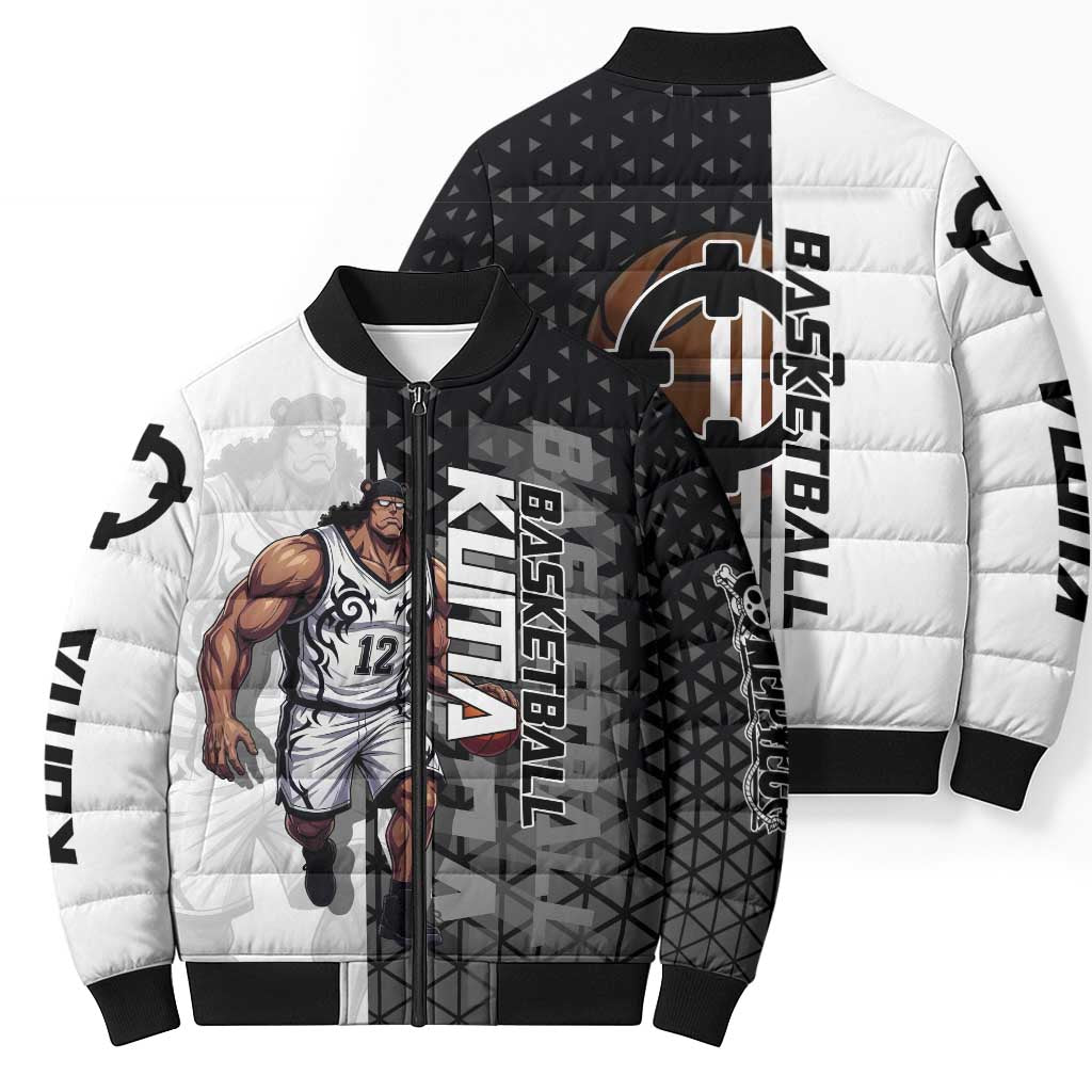 Bartholomew Kuma One Piece Basketball Crossover Design Bomber Puffer Jacket with Monochrome Geometric Background and Dynamic Pose - The Mazicc