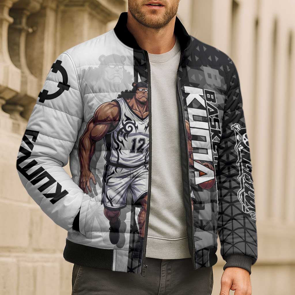 Bartholomew Kuma One Piece Basketball Crossover Design Bomber Puffer Jacket with Monochrome Geometric Background and Dynamic Pose - The Mazicc