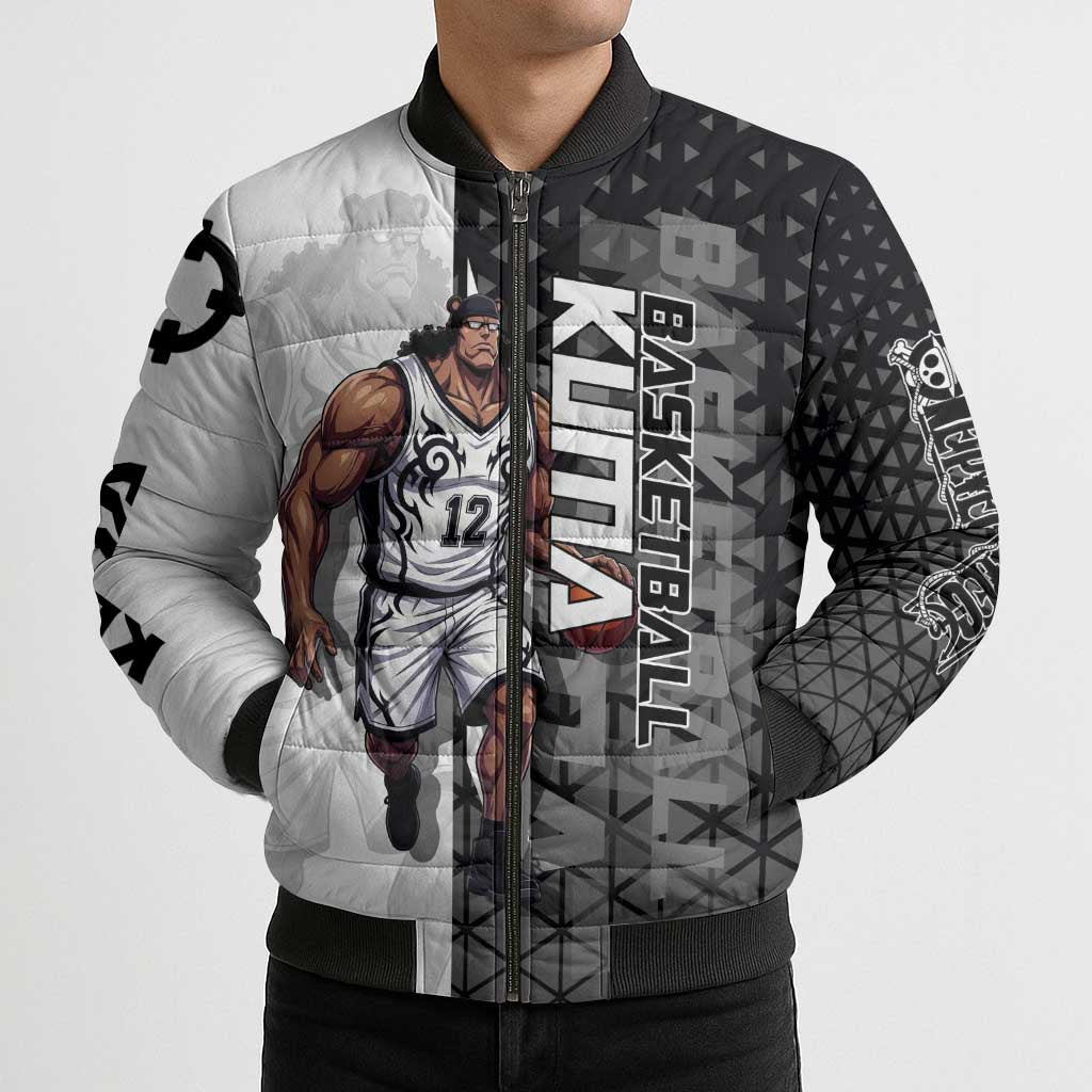 Bartholomew Kuma One Piece Basketball Crossover Design Bomber Puffer Jacket with Monochrome Geometric Background and Dynamic Pose - The Mazicc