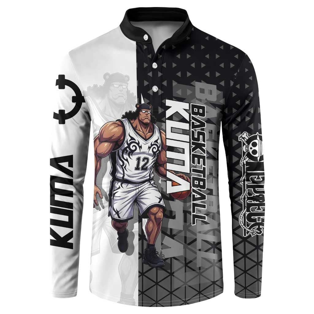 Bartholomew Kuma One Piece Basketball Crossover Design Button Sweatshirt with Monochrome Geometric Background and Dynamic Pose - The Mazicc