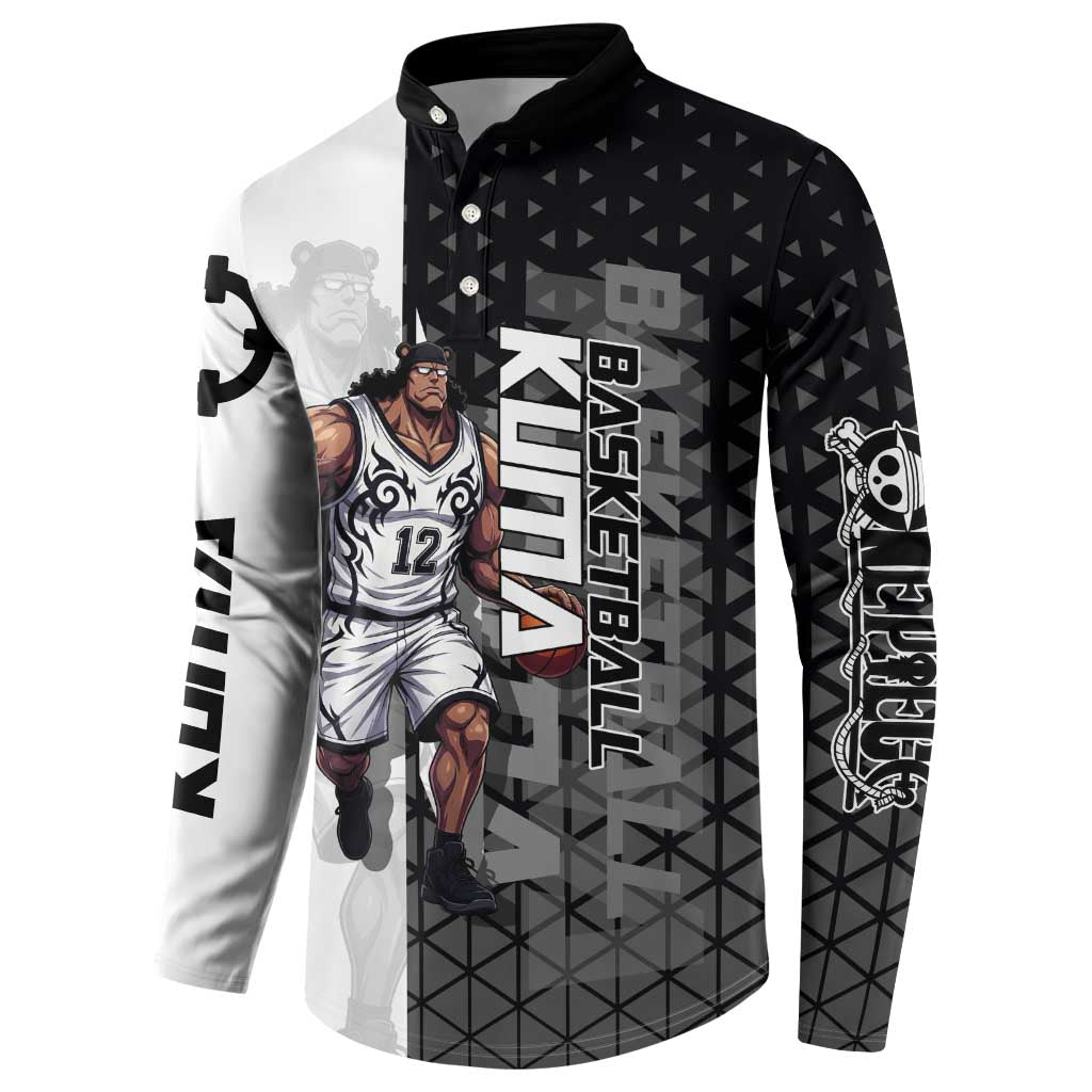 Bartholomew Kuma One Piece Basketball Crossover Design Button Sweatshirt with Monochrome Geometric Background and Dynamic Pose - The Mazicc