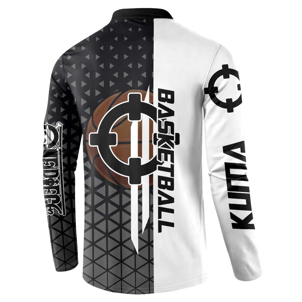 Bartholomew Kuma One Piece Basketball Crossover Design Button Sweatshirt with Monochrome Geometric Background and Dynamic Pose - The Mazicc