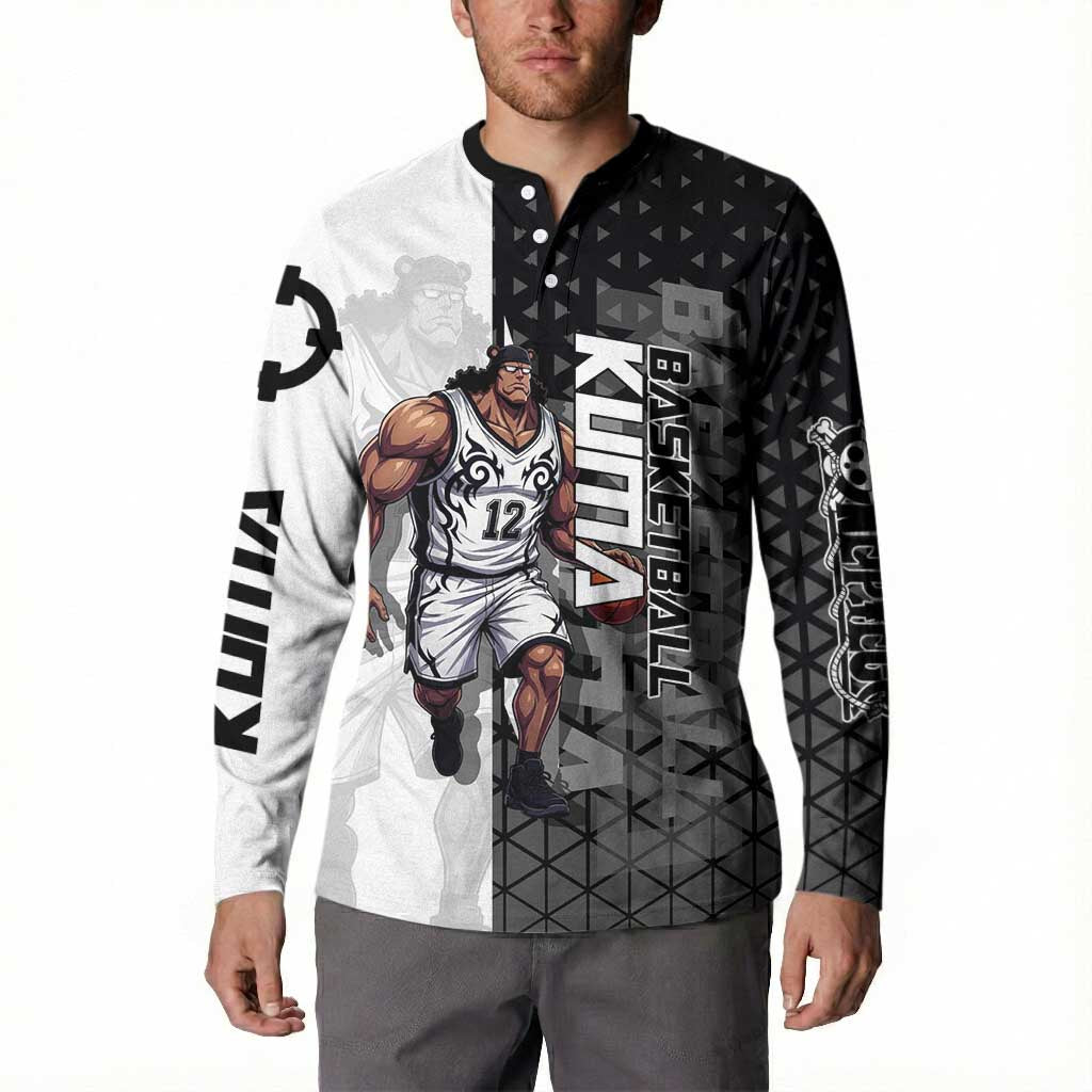 Bartholomew Kuma One Piece Basketball Crossover Design Button Sweatshirt with Monochrome Geometric Background and Dynamic Pose - The Mazicc