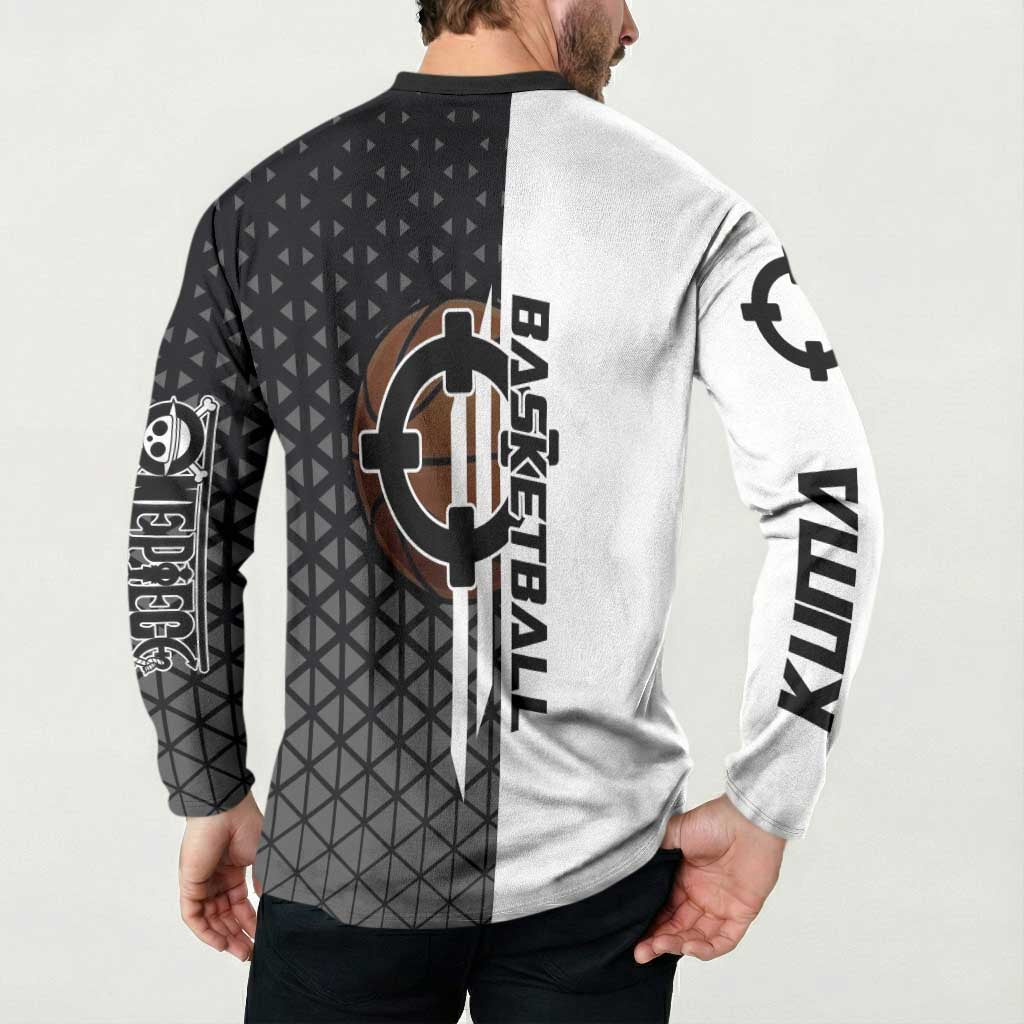 Bartholomew Kuma One Piece Basketball Crossover Design Button Sweatshirt with Monochrome Geometric Background and Dynamic Pose - The Mazicc