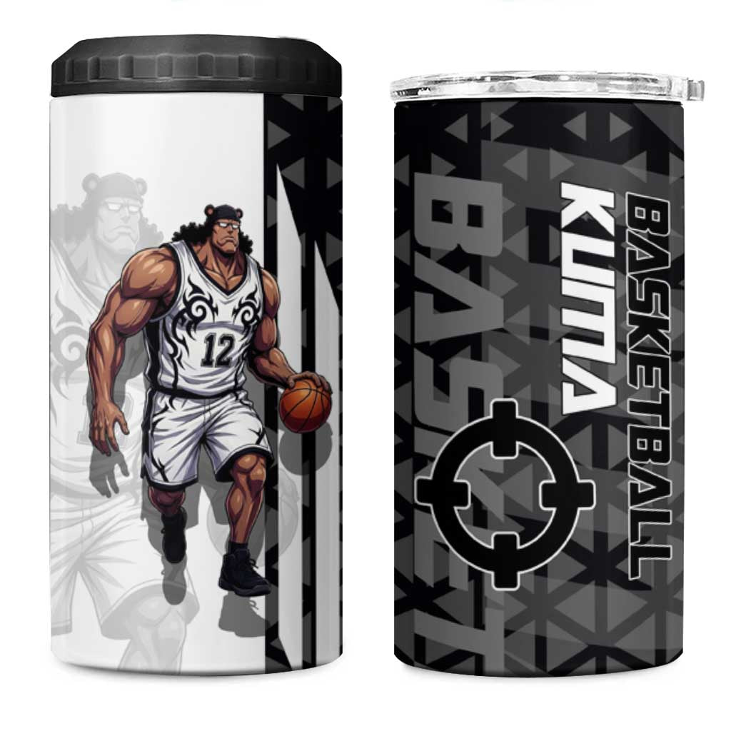 Bartholomew Kuma One Piece Basketball Crossover Design 4 in 1 Can Cooler Tumbler with Monochrome Geometric Background and Dynamic Pose - The Mazicc