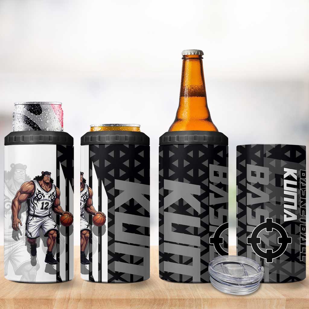 Bartholomew Kuma One Piece Basketball Crossover Design 4 in 1 Can Cooler Tumbler with Monochrome Geometric Background and Dynamic Pose - The Mazicc