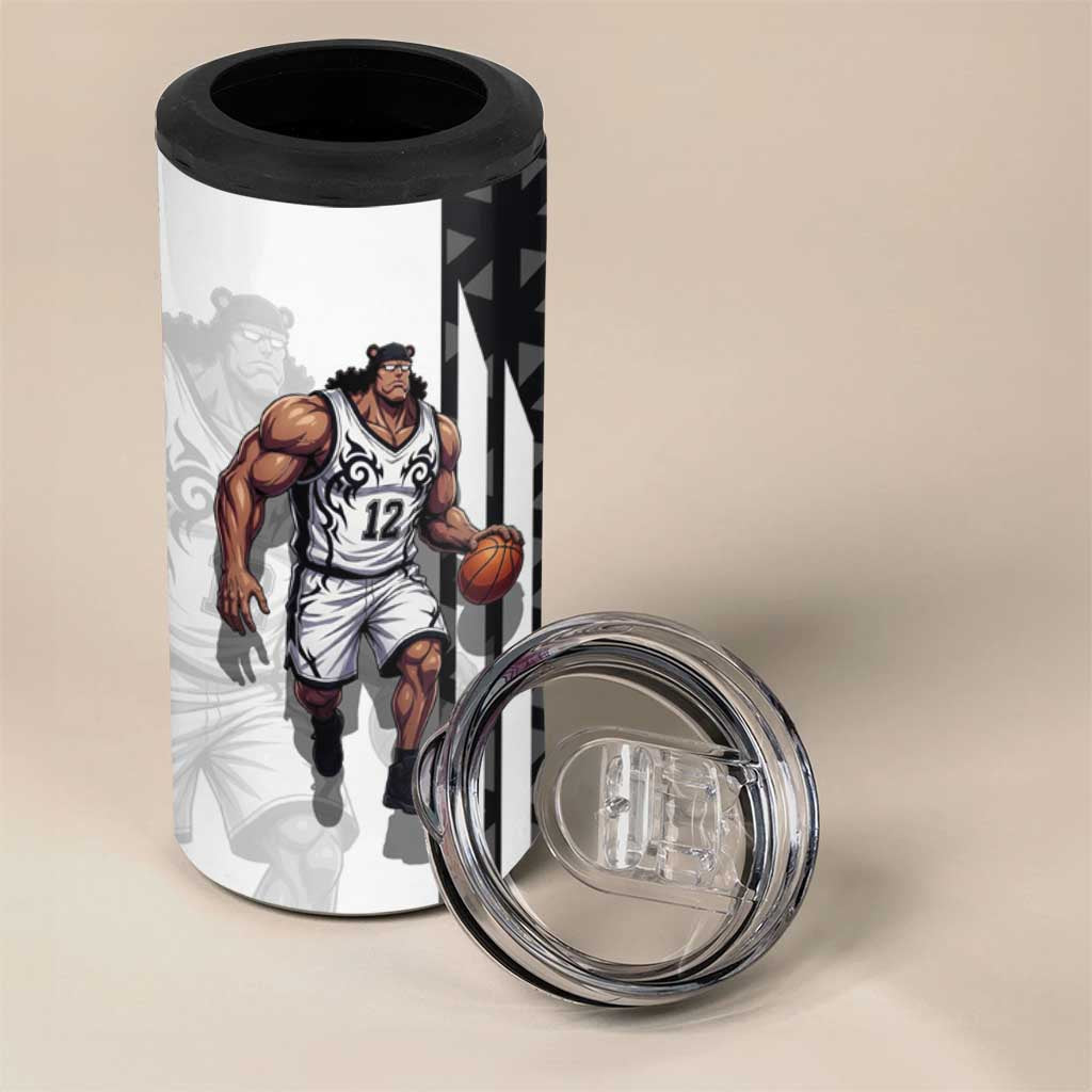 Bartholomew Kuma One Piece Basketball Crossover Design 4 in 1 Can Cooler Tumbler with Monochrome Geometric Background and Dynamic Pose - The Mazicc