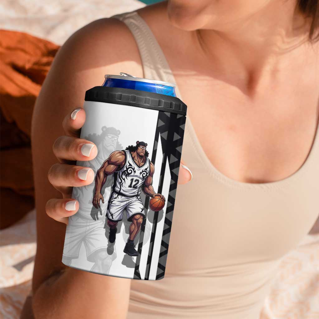 Bartholomew Kuma One Piece Basketball Crossover Design 4 in 1 Can Cooler Tumbler with Monochrome Geometric Background and Dynamic Pose - The Mazicc