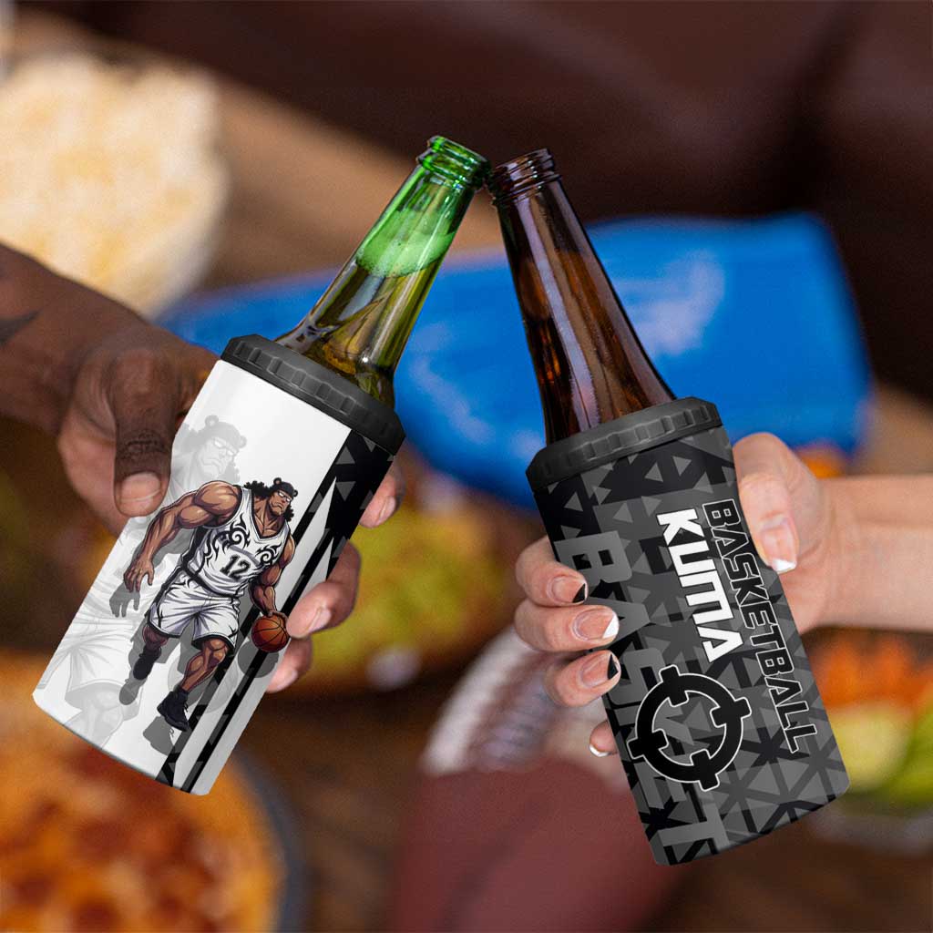 Bartholomew Kuma One Piece Basketball Crossover Design 4 in 1 Can Cooler Tumbler with Monochrome Geometric Background and Dynamic Pose - The Mazicc