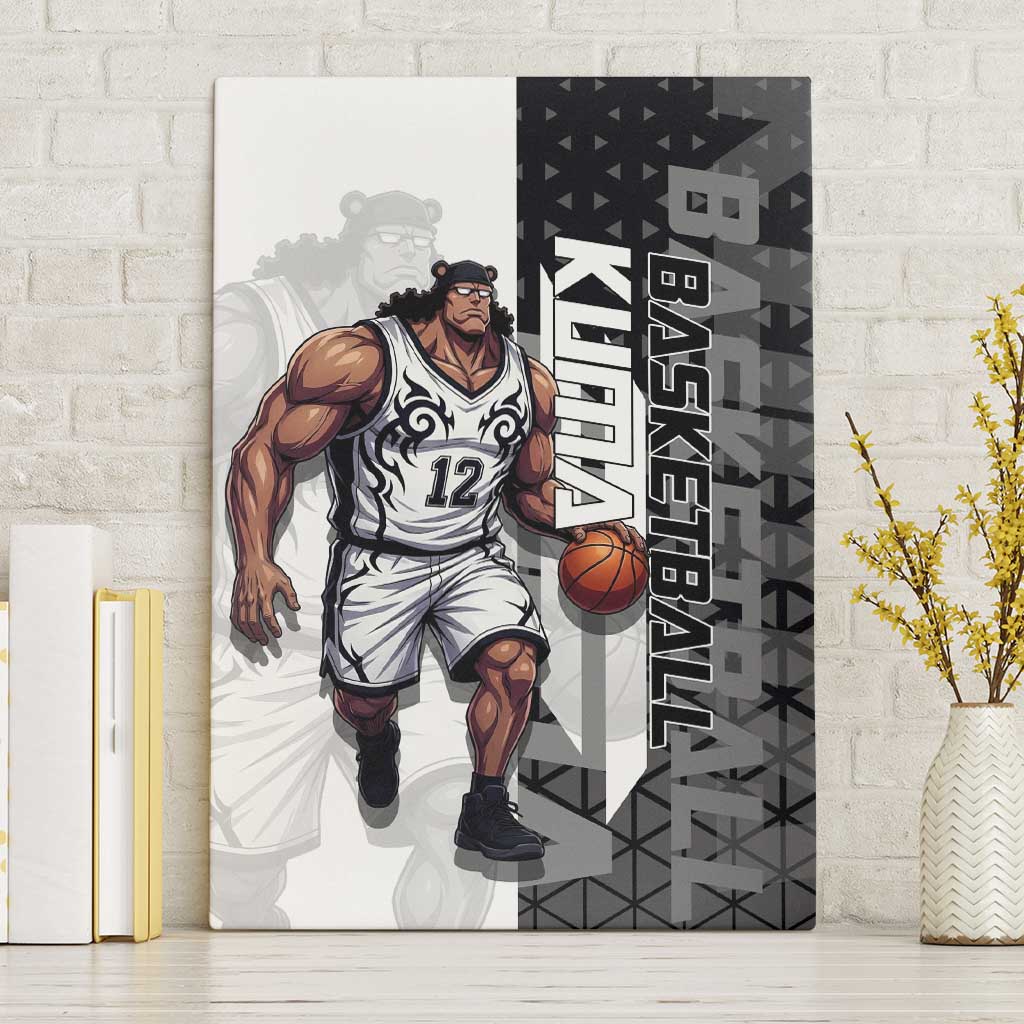 Bartholomew Kuma One Piece Basketball Crossover Design Canvas Wall Art with Monochrome Geometric Background and Dynamic Pose - The Mazicc