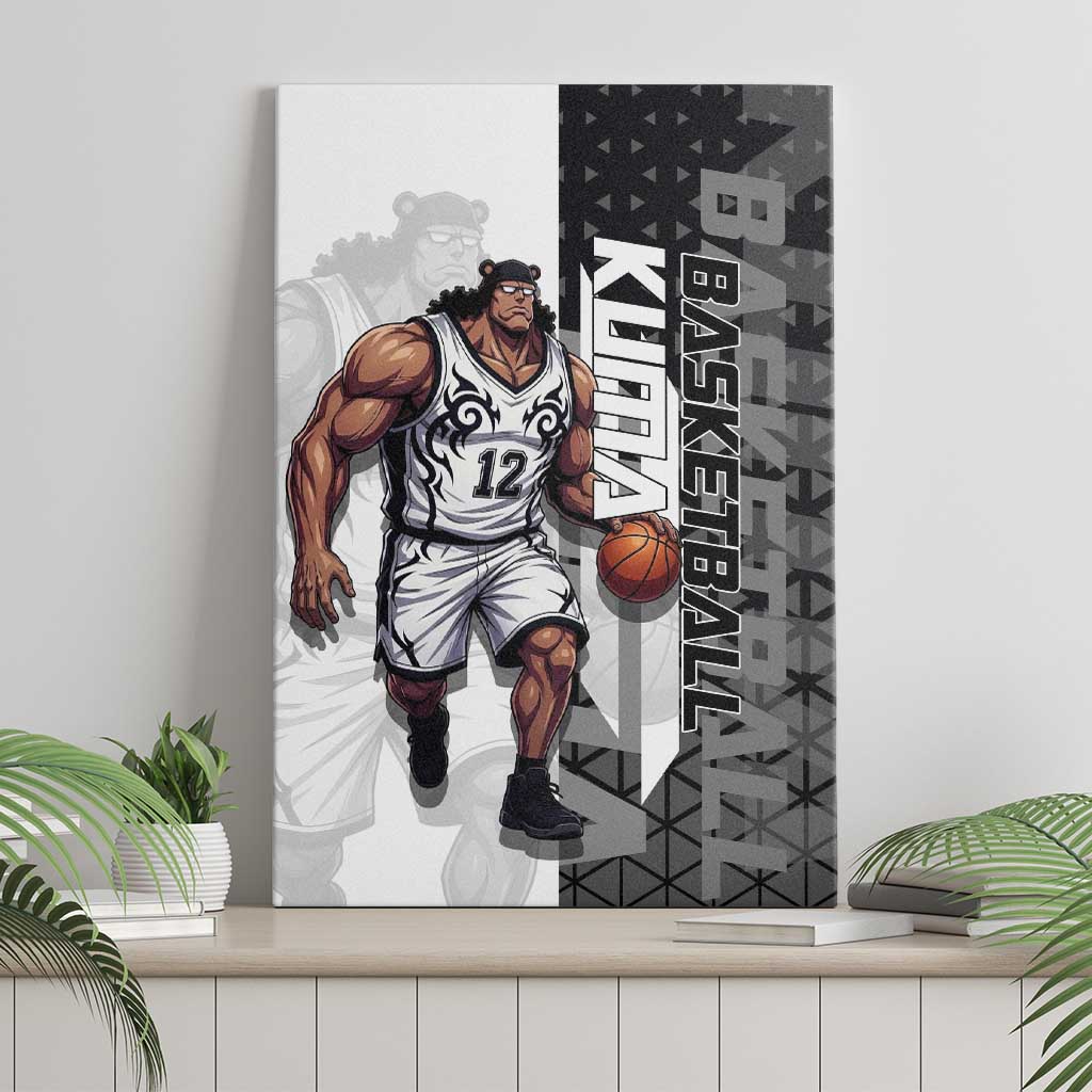 Bartholomew Kuma One Piece Basketball Crossover Design Canvas Wall Art with Monochrome Geometric Background and Dynamic Pose - The Mazicc