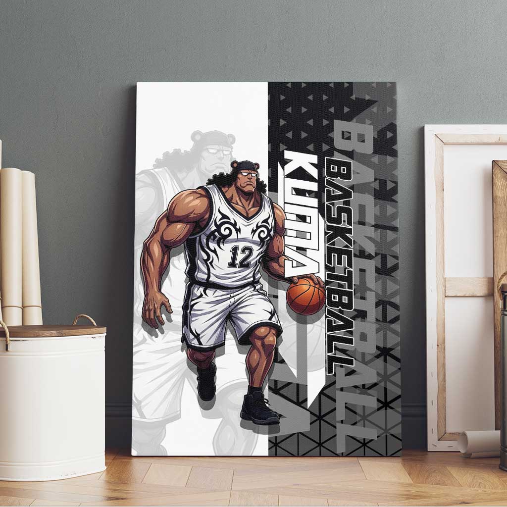 Bartholomew Kuma One Piece Basketball Crossover Design Canvas Wall Art with Monochrome Geometric Background and Dynamic Pose - The Mazicc