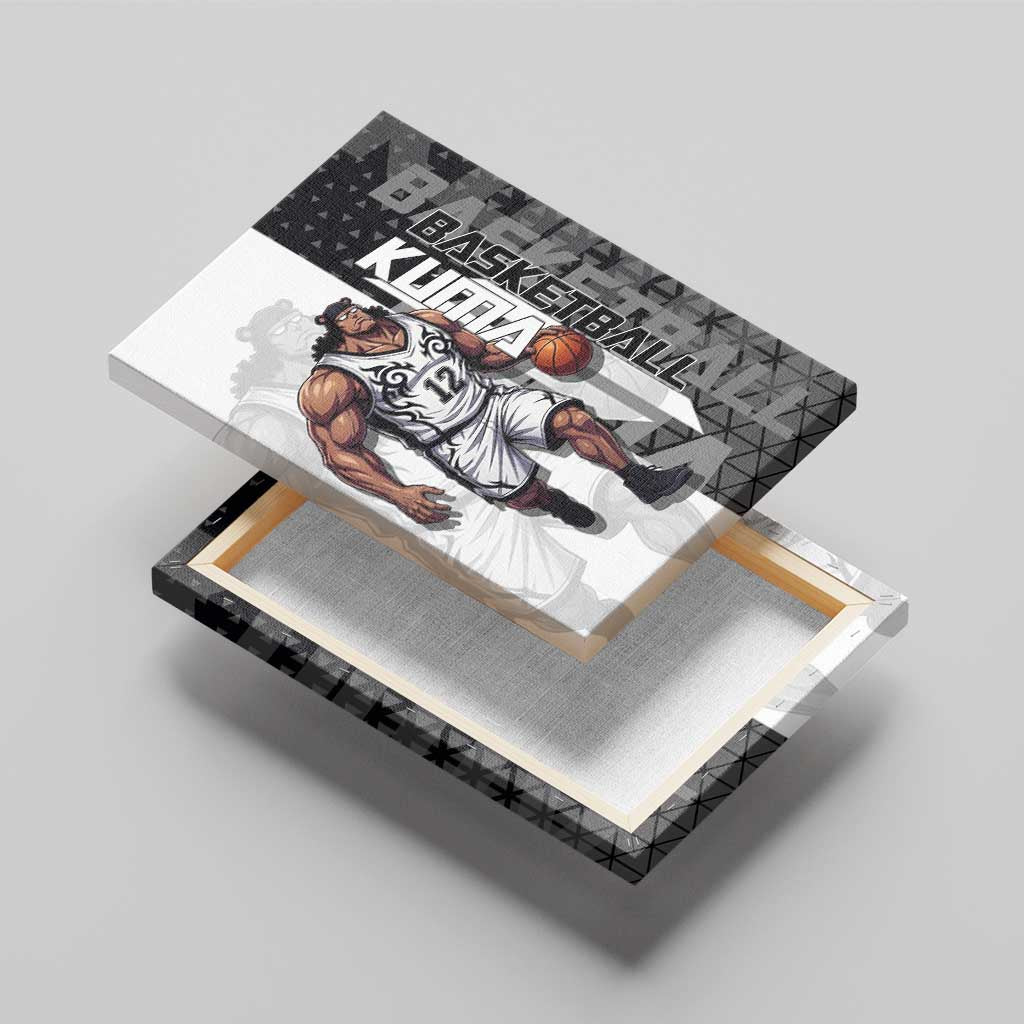 Bartholomew Kuma One Piece Basketball Crossover Design Canvas Wall Art with Monochrome Geometric Background and Dynamic Pose - The Mazicc
