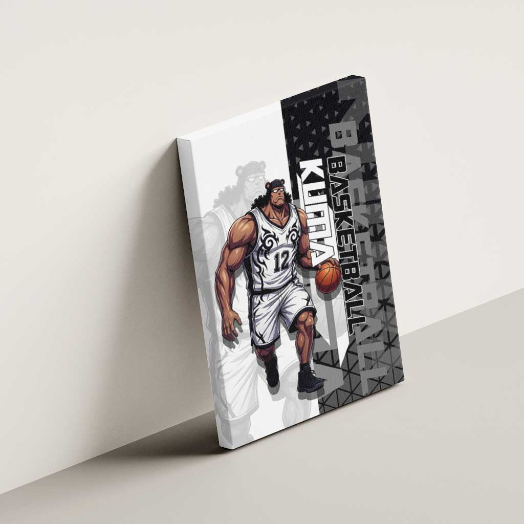 Bartholomew Kuma One Piece Basketball Crossover Design Canvas Wall Art with Monochrome Geometric Background and Dynamic Pose - The Mazicc