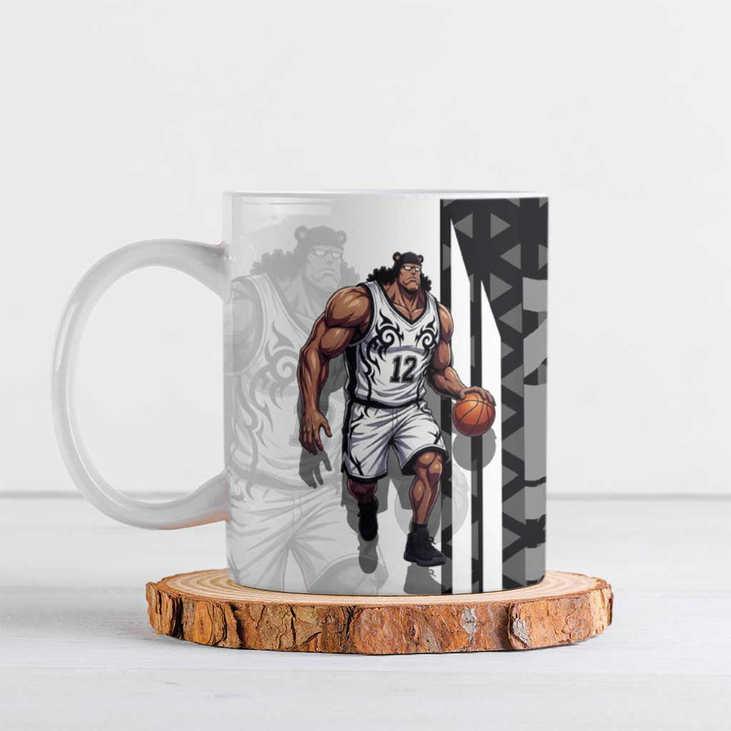 Bartholomew Kuma One Piece Basketball Crossover Design Ceramic Mug with Monochrome Geometric Background and Dynamic Pose - The Mazicc