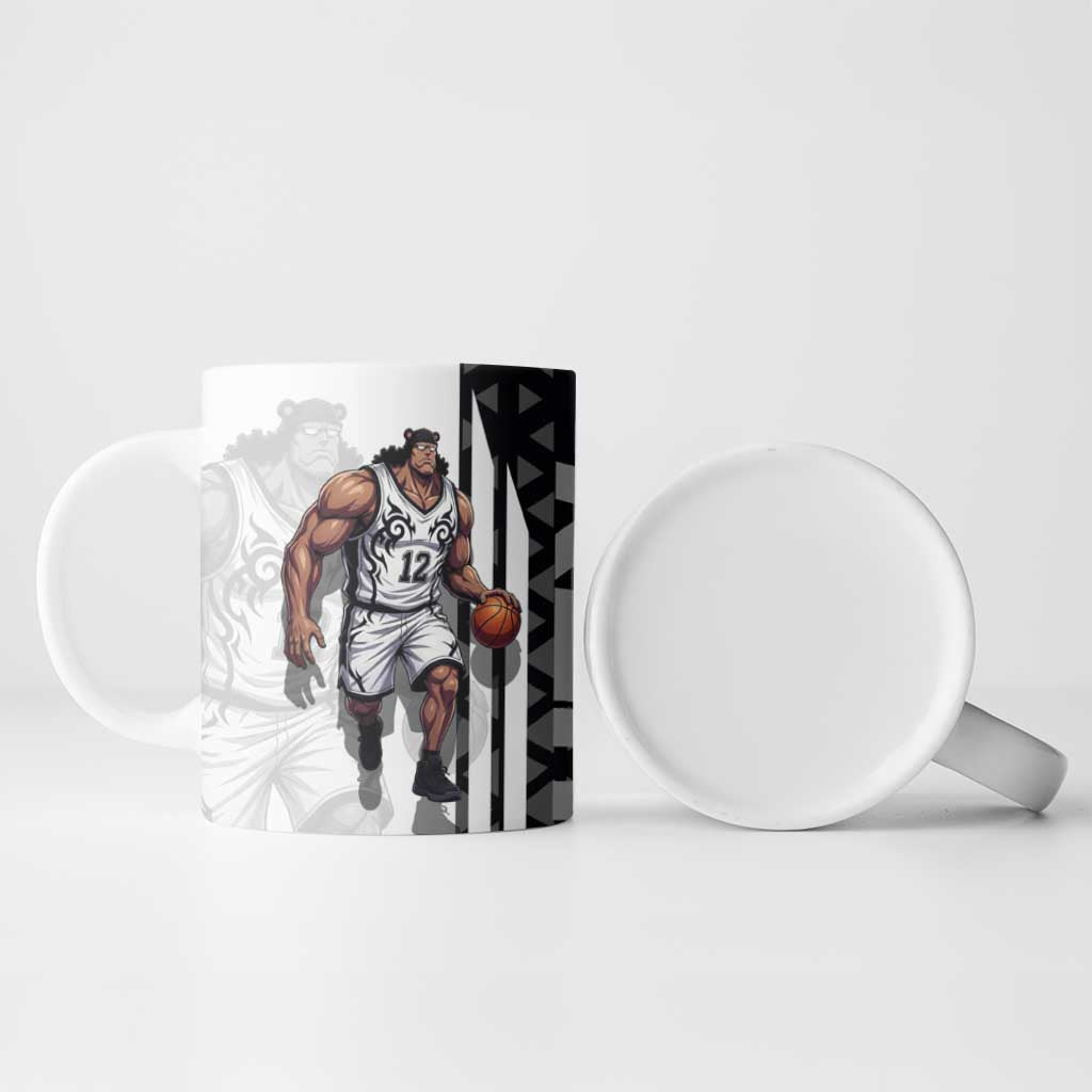 Bartholomew Kuma One Piece Basketball Crossover Design Ceramic Mug with Monochrome Geometric Background and Dynamic Pose - The Mazicc