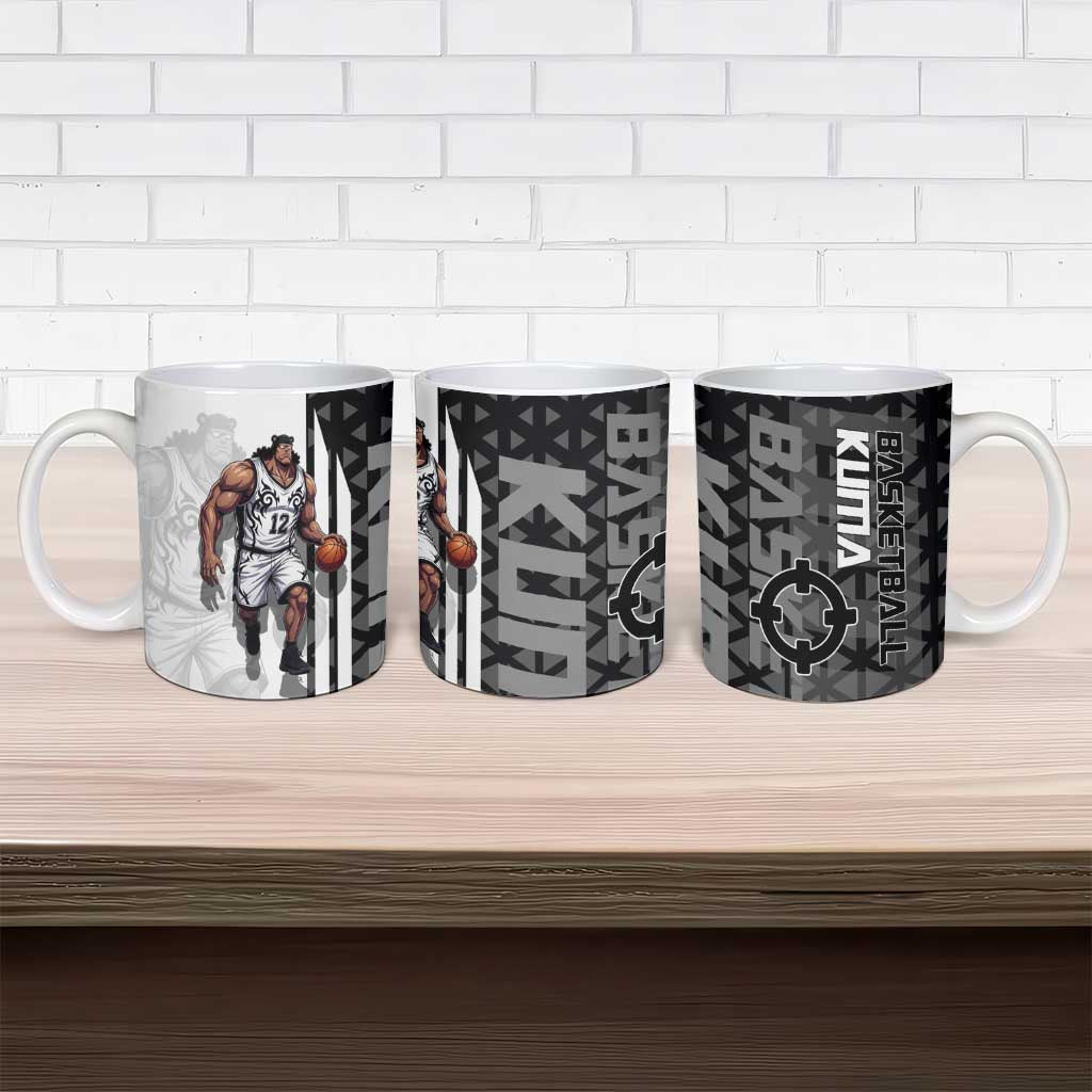 Bartholomew Kuma One Piece Basketball Crossover Design Ceramic Mug with Monochrome Geometric Background and Dynamic Pose - The Mazicc