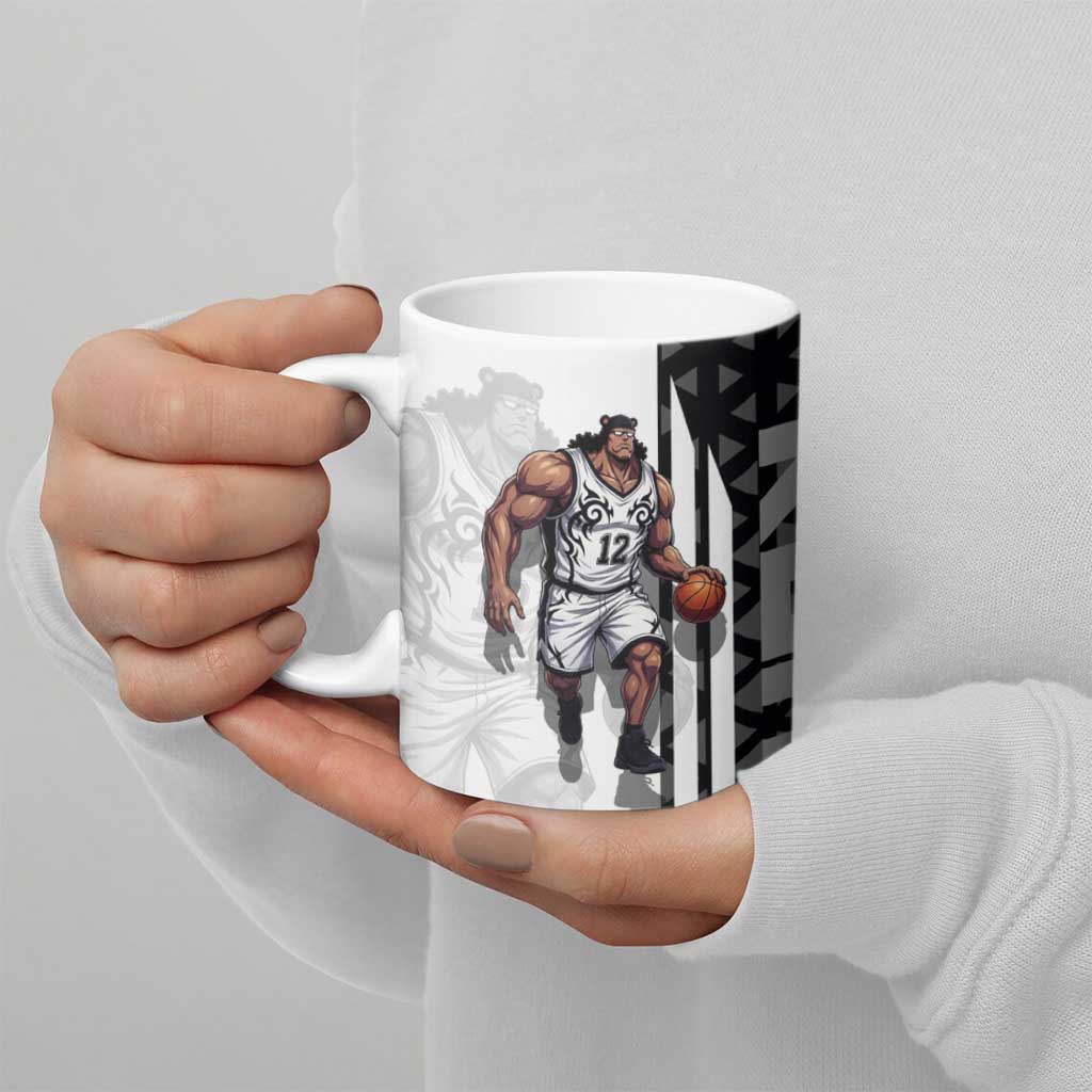 Bartholomew Kuma One Piece Basketball Crossover Design Ceramic Mug with Monochrome Geometric Background and Dynamic Pose - The Mazicc