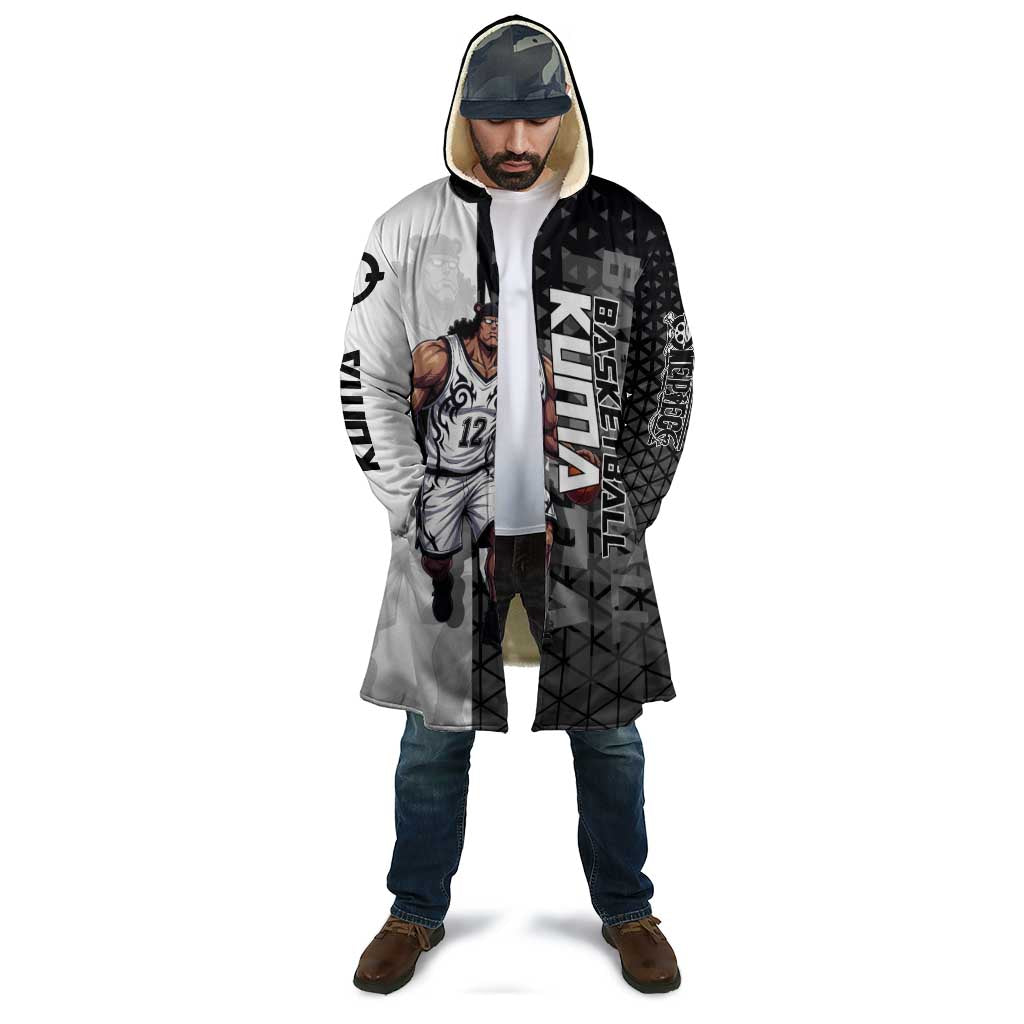Bartholomew Kuma One Piece Basketball Crossover Design Cloak with Monochrome Geometric Background and Dynamic Pose - The Mazicc