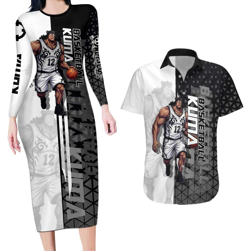 Bartholomew Kuma One Piece Basketball Crossover Design Couples Matching Long Sleeve Bodycon Dress and Hawaiian Shirt with Monochrome Geometric Background and Dynamic Pose - The Mazicc