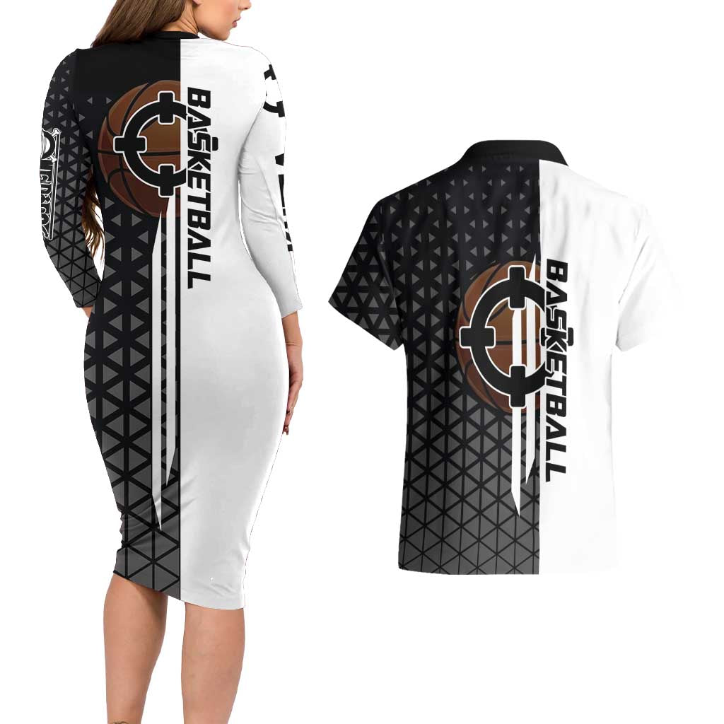 Bartholomew Kuma One Piece Basketball Crossover Design Couples Matching Long Sleeve Bodycon Dress and Hawaiian Shirt with Monochrome Geometric Background and Dynamic Pose - The Mazicc