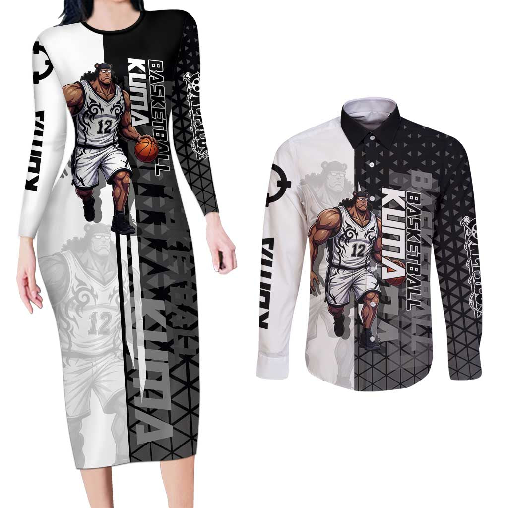 Bartholomew Kuma One Piece Basketball Crossover Design Couples Matching Long Sleeve Bodycon Dress and Long Sleeve Button Shirt with Monochrome Geometric Background and Dynamic Pose - The Mazicc