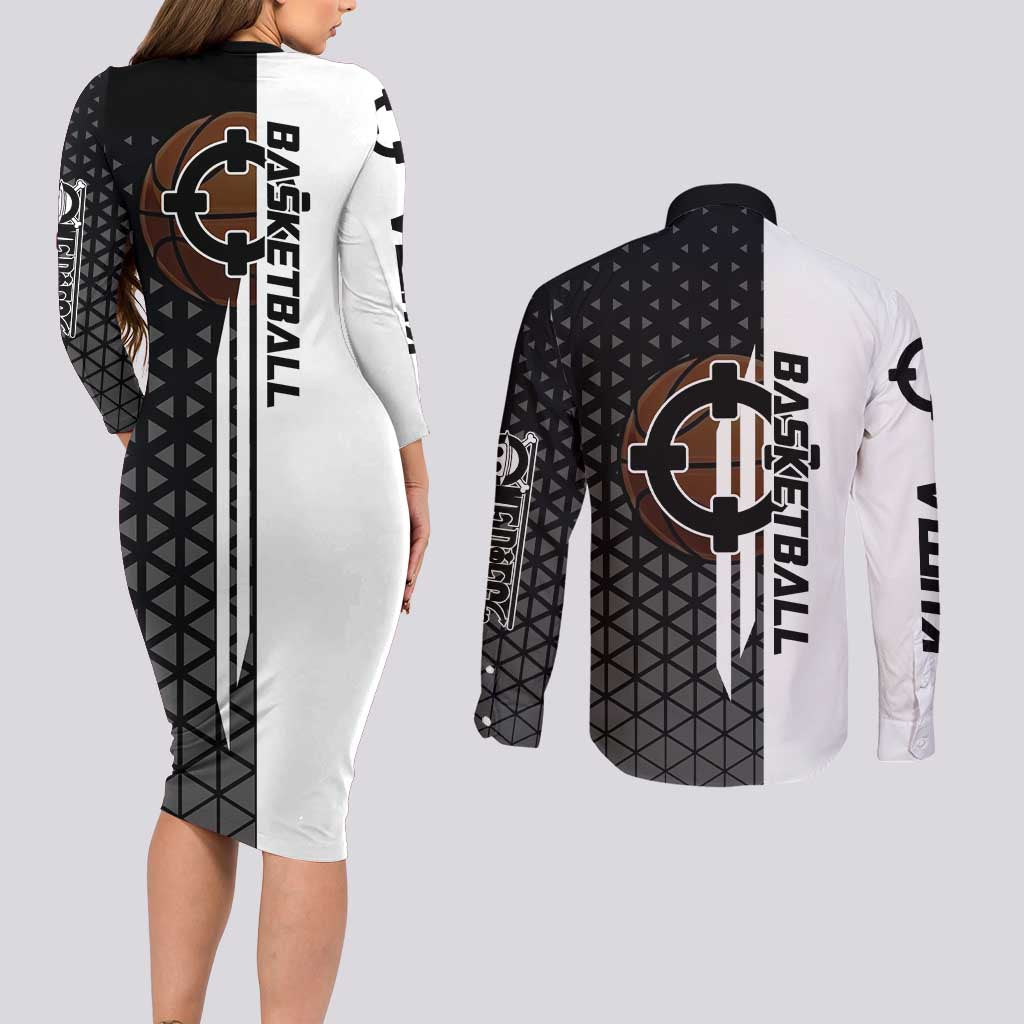 Bartholomew Kuma One Piece Basketball Crossover Design Couples Matching Long Sleeve Bodycon Dress and Long Sleeve Button Shirt with Monochrome Geometric Background and Dynamic Pose - The Mazicc
