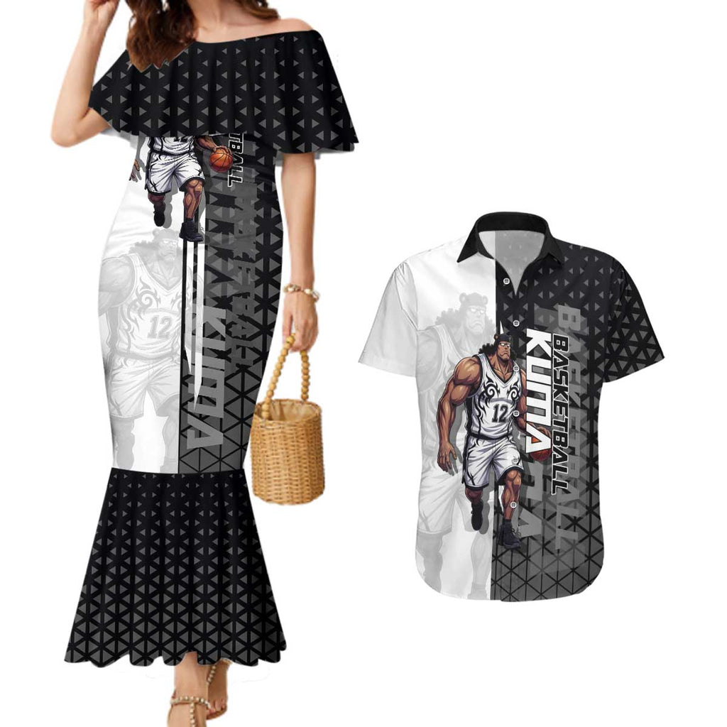 Bartholomew Kuma One Piece Basketball Crossover Design Couples Matching Mermaid Dress and Hawaiian Shirt with Monochrome Geometric Background and Dynamic Pose - The Mazicc