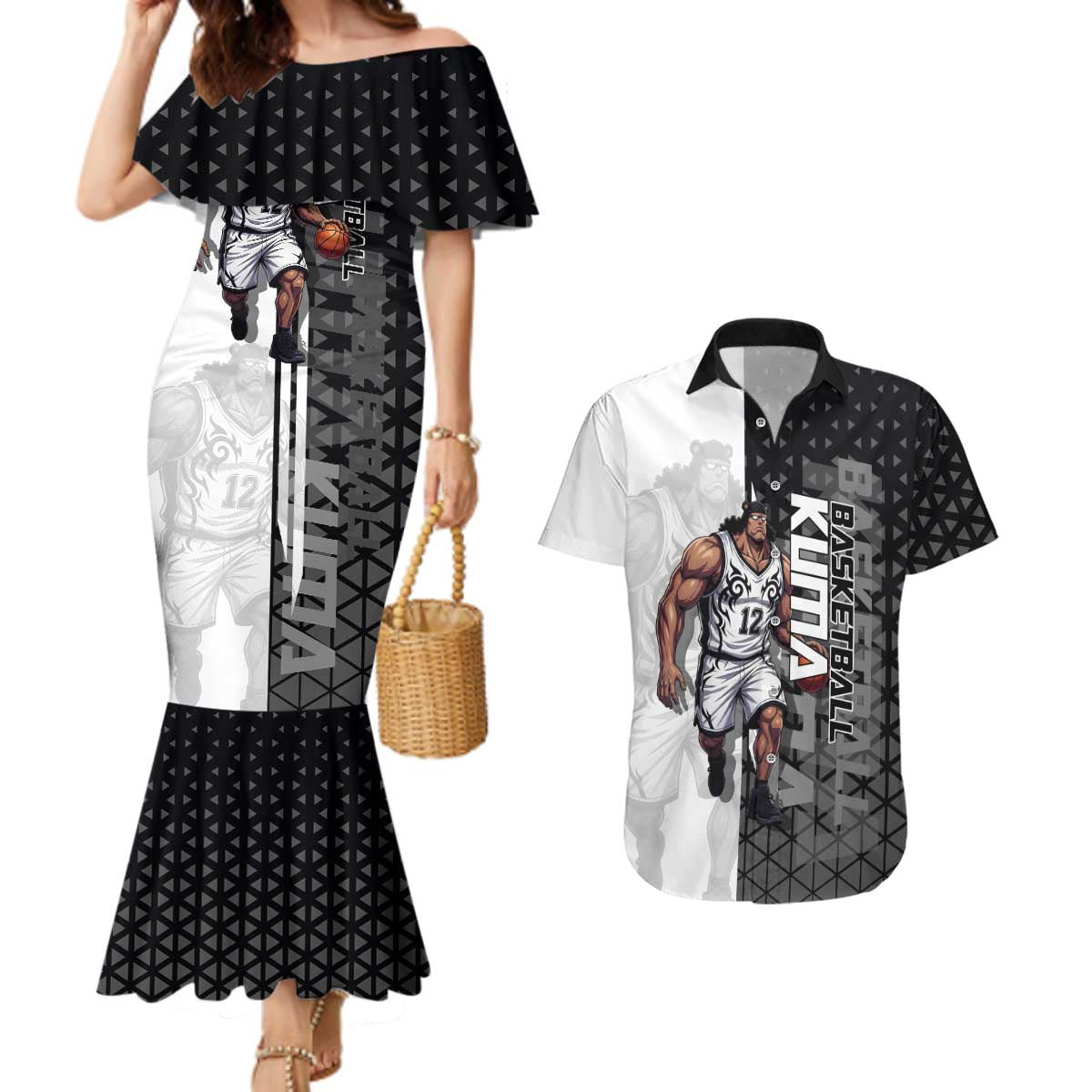 Bartholomew Kuma One Piece Basketball Crossover Design Couples Matching Mermaid Dress and Hawaiian Shirt with Monochrome Geometric Background and Dynamic Pose - The Mazicc