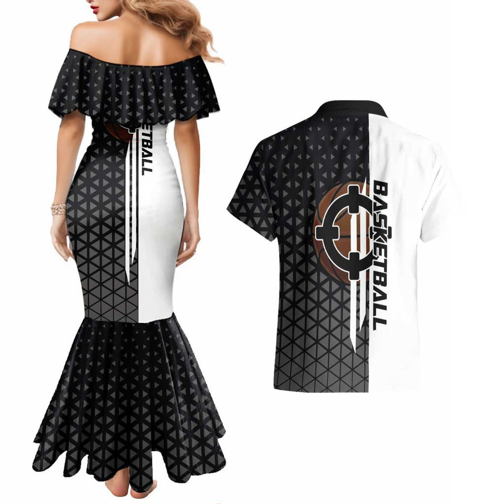 Bartholomew Kuma One Piece Basketball Crossover Design Couples Matching Mermaid Dress and Hawaiian Shirt with Monochrome Geometric Background and Dynamic Pose - The Mazicc