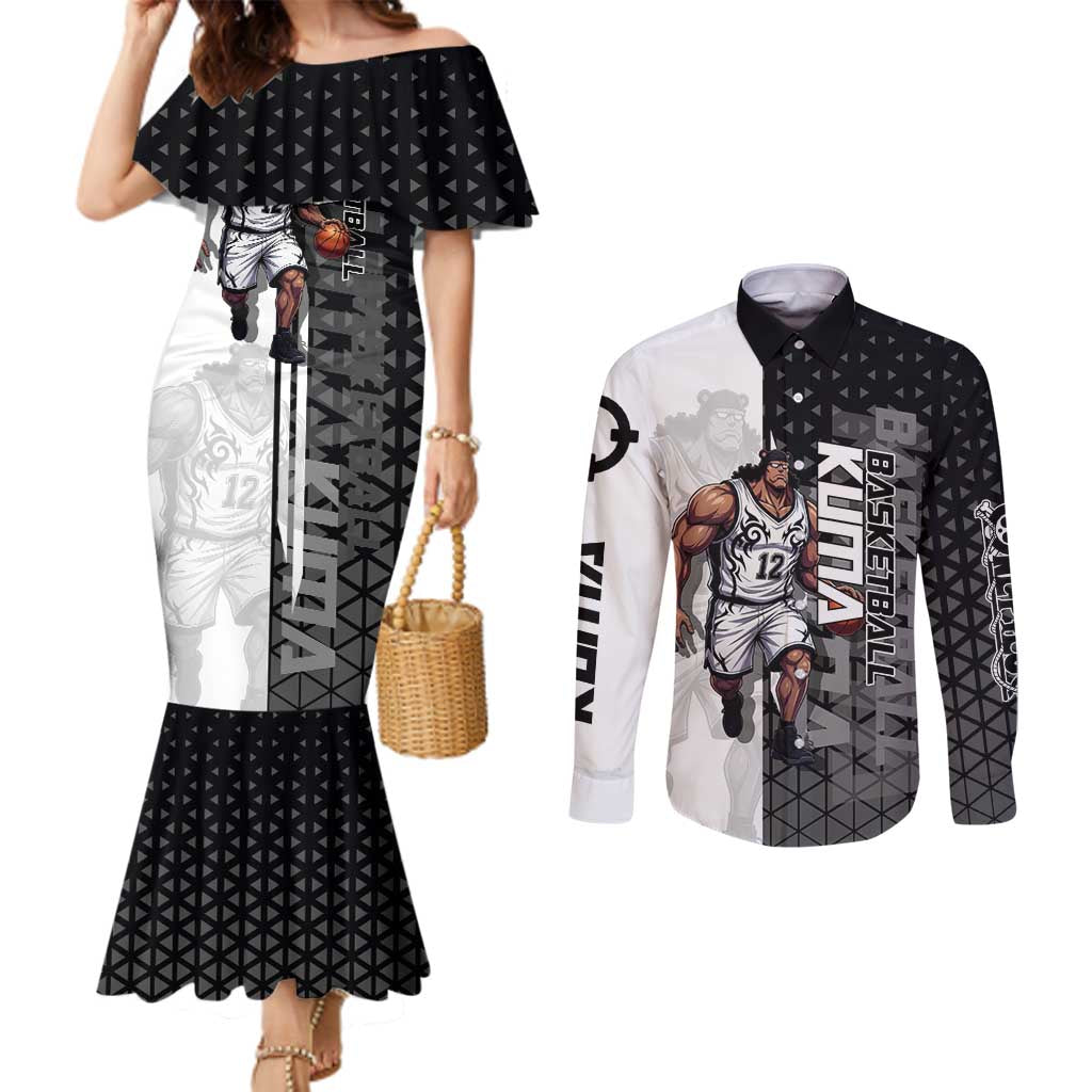 Bartholomew Kuma One Piece Basketball Crossover Design Couples Matching Mermaid Dress and Long Sleeve Button Shirt with Monochrome Geometric Background and Dynamic Pose - The Mazicc