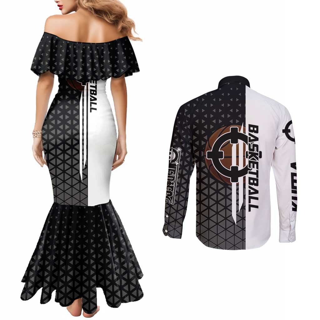 Bartholomew Kuma One Piece Basketball Crossover Design Couples Matching Mermaid Dress and Long Sleeve Button Shirt with Monochrome Geometric Background and Dynamic Pose - The Mazicc
