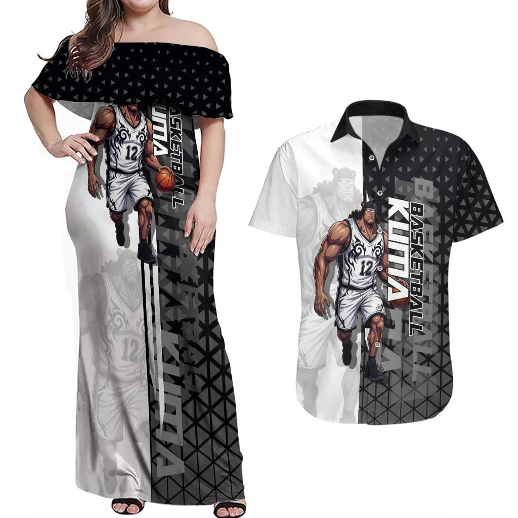 Bartholomew Kuma One Piece Basketball Crossover Design Couples Matching Off Shoulder Maxi Dress and Hawaiian Shirt with Monochrome Geometric Background and Dynamic Pose - The Mazicc