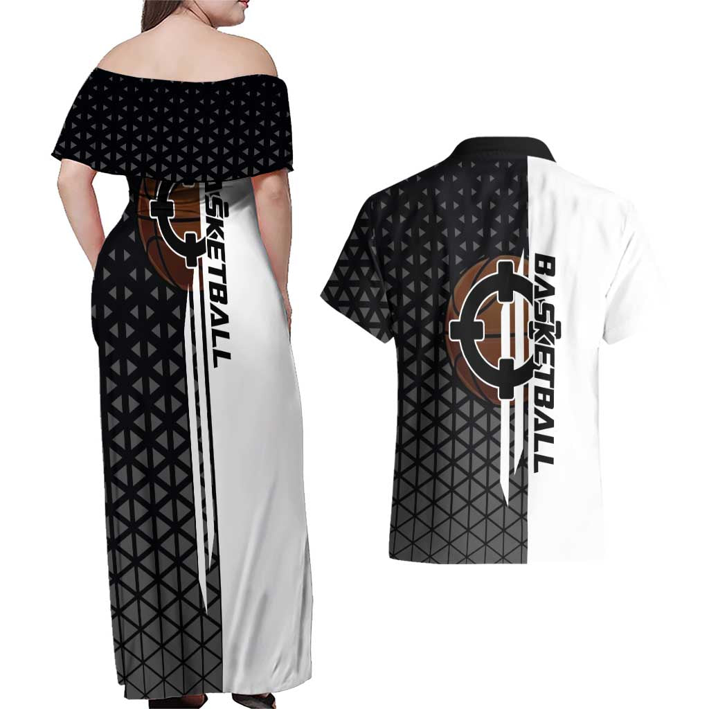 Bartholomew Kuma One Piece Basketball Crossover Design Couples Matching Off Shoulder Maxi Dress and Hawaiian Shirt with Monochrome Geometric Background and Dynamic Pose - The Mazicc