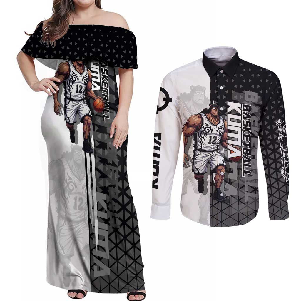 Bartholomew Kuma One Piece Basketball Crossover Design Couples Matching Off Shoulder Maxi Dress and Long Sleeve Button Shirt with Monochrome Geometric Background and Dynamic Pose - The Mazicc