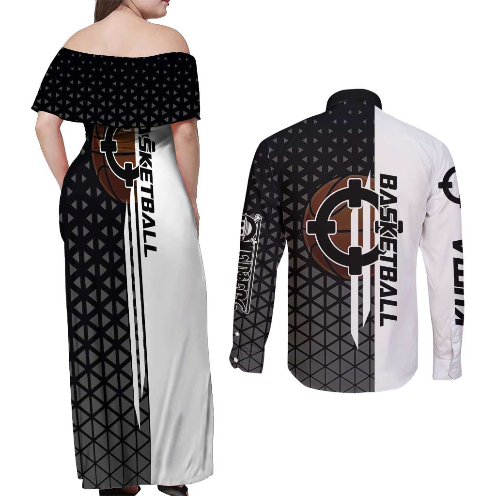 Bartholomew Kuma One Piece Basketball Crossover Design Couples Matching Off Shoulder Maxi Dress and Long Sleeve Button Shirt with Monochrome Geometric Background and Dynamic Pose - The Mazicc