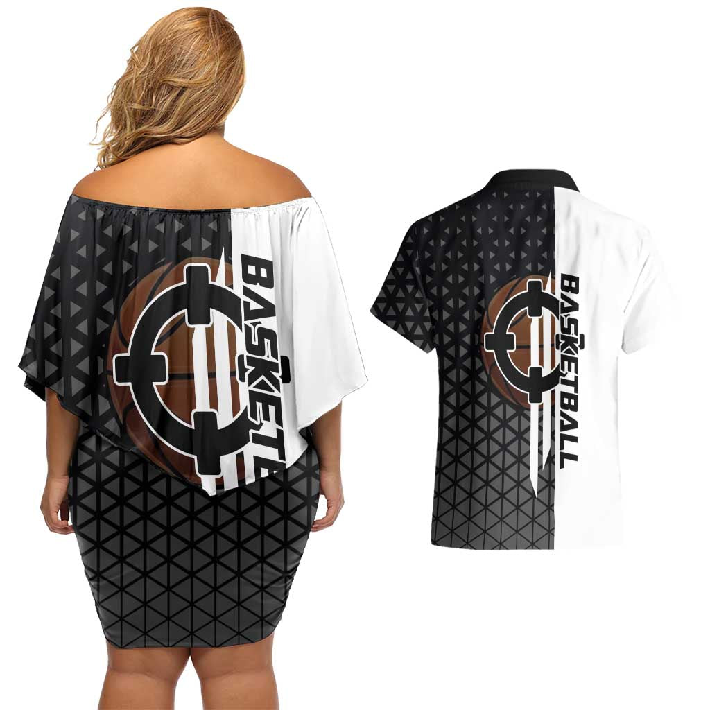 Bartholomew Kuma One Piece Basketball Crossover Design Couples Matching Off Shoulder Short Dress and Hawaiian Shirt with Monochrome Geometric Background and Dynamic Pose - The Mazicc