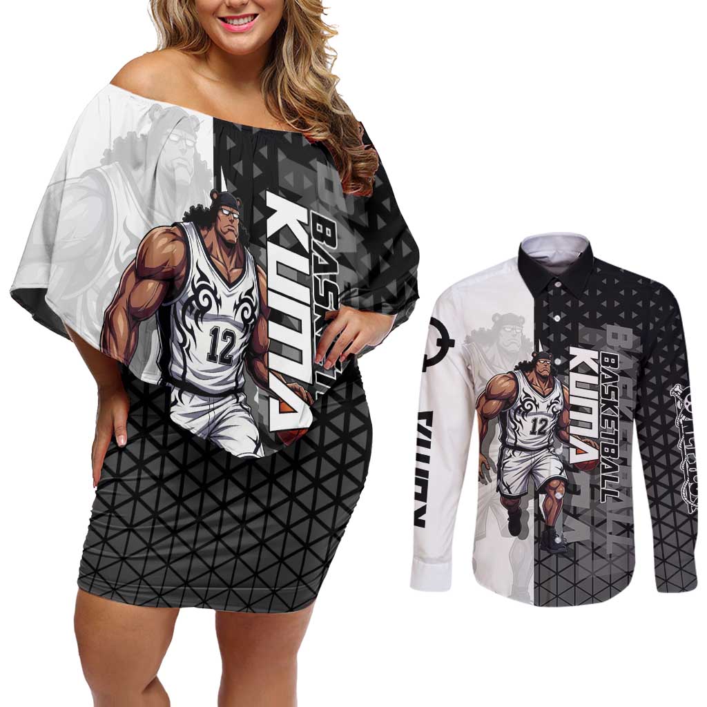 Bartholomew Kuma One Piece Basketball Crossover Design Couples Matching Off Shoulder Short Dress and Long Sleeve Button Shirt with Monochrome Geometric Background and Dynamic Pose - The Mazicc