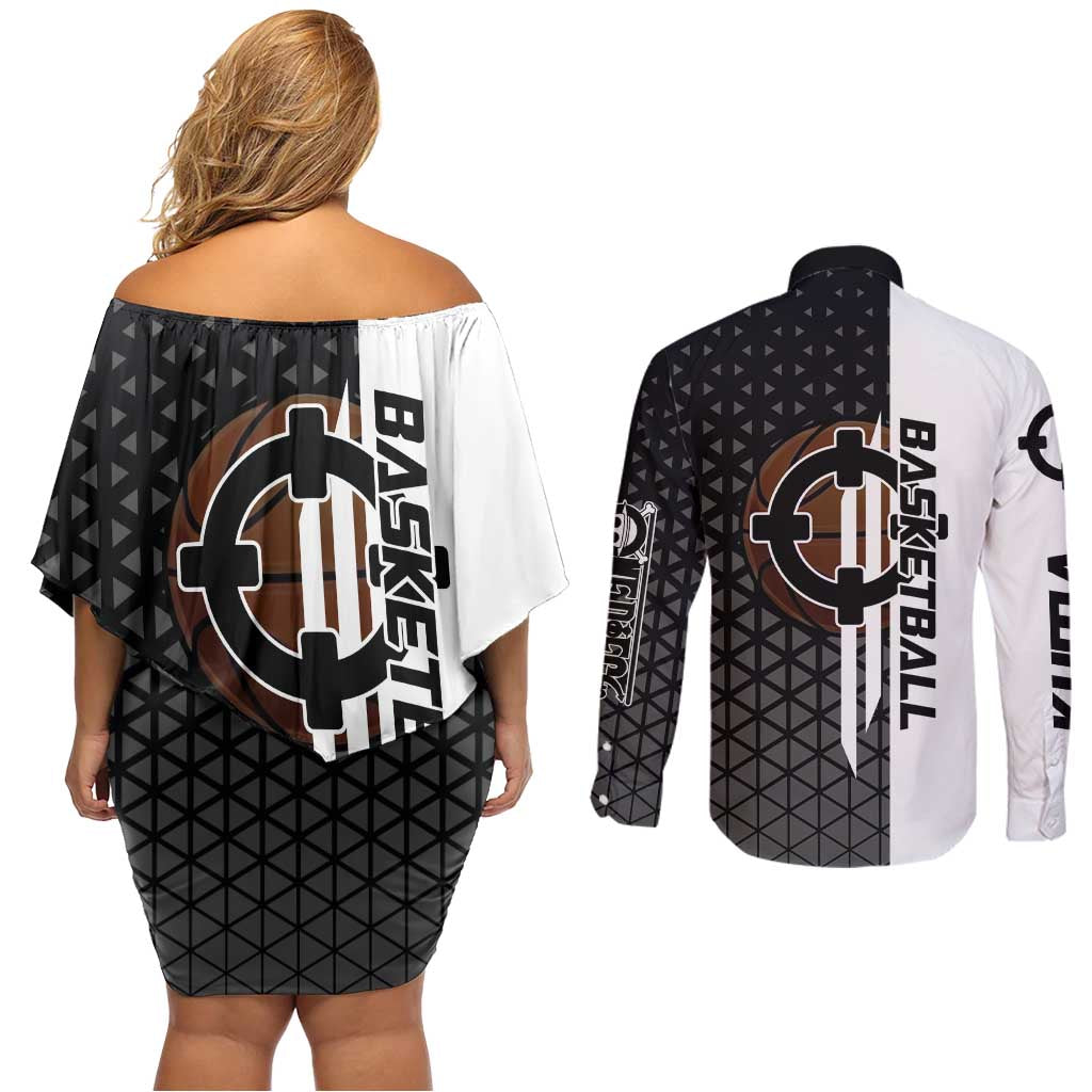 Bartholomew Kuma One Piece Basketball Crossover Design Couples Matching Off Shoulder Short Dress and Long Sleeve Button Shirt with Monochrome Geometric Background and Dynamic Pose - The Mazicc