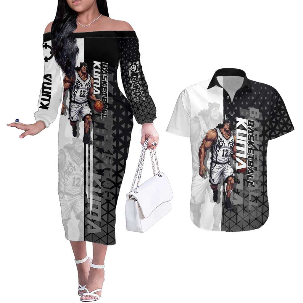 Bartholomew Kuma One Piece Basketball Crossover Design Couples Matching Off The Shoulder Long Sleeve Dress and Hawaiian Shirt with Monochrome Geometric Background and Dynamic Pose - The Mazicc