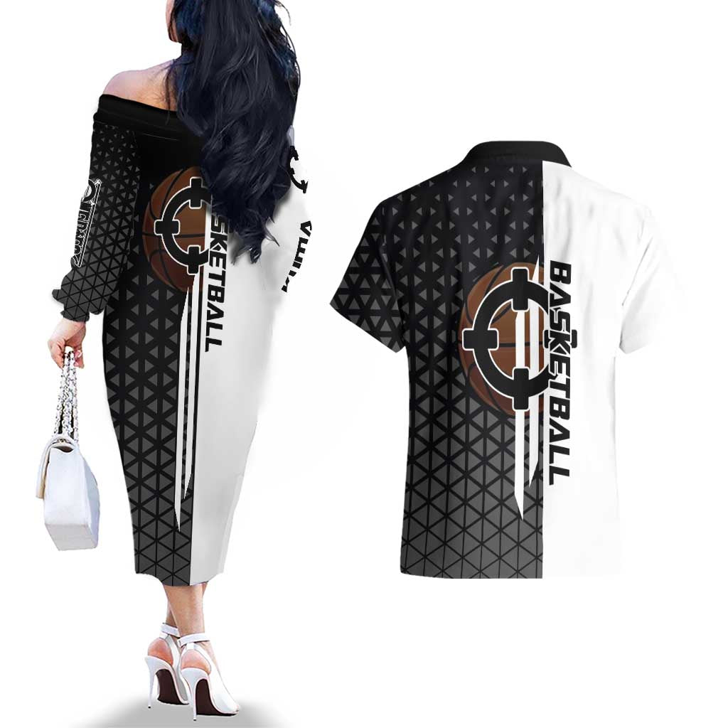 Bartholomew Kuma One Piece Basketball Crossover Design Couples Matching Off The Shoulder Long Sleeve Dress and Hawaiian Shirt with Monochrome Geometric Background and Dynamic Pose - The Mazicc
