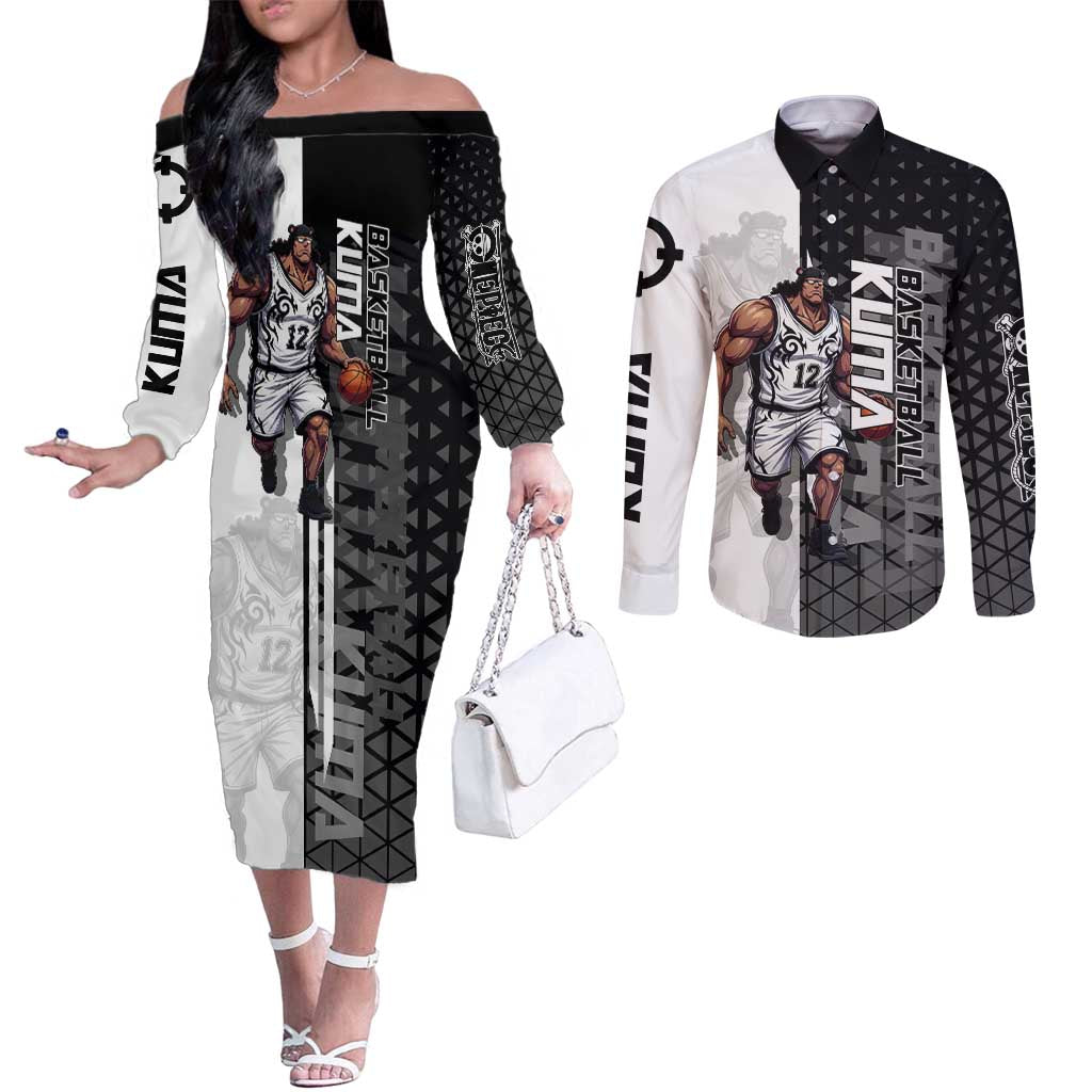 Bartholomew Kuma One Piece Basketball Crossover Design Couples Matching Off The Shoulder Long Sleeve Dress and Long Sleeve Button Shirt with Monochrome Geometric Background and Dynamic Pose - The Mazicc
