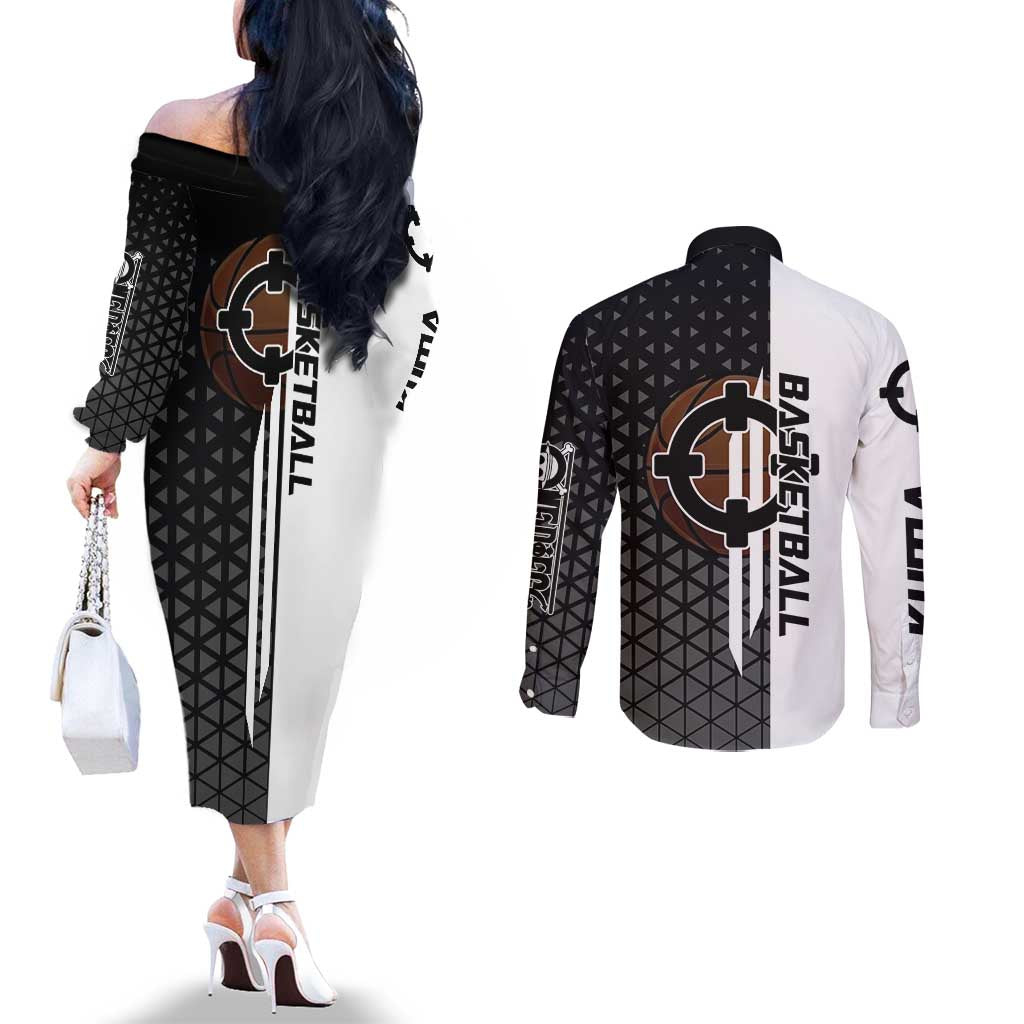 Bartholomew Kuma One Piece Basketball Crossover Design Couples Matching Off The Shoulder Long Sleeve Dress and Long Sleeve Button Shirt with Monochrome Geometric Background and Dynamic Pose - The Mazicc