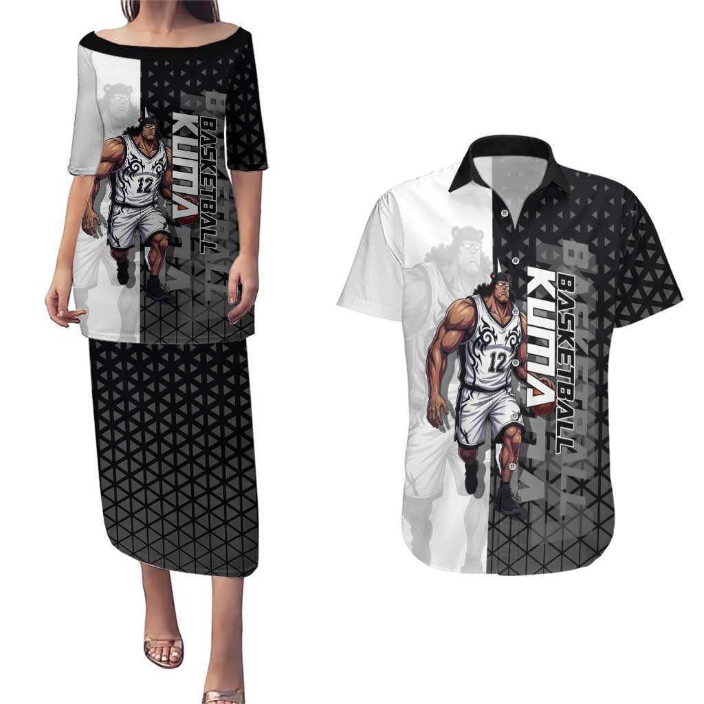 Bartholomew Kuma One Piece Basketball Crossover Design Couples Matching Puletasi and Hawaiian Shirt with Monochrome Geometric Background and Dynamic Pose - The Mazicc
