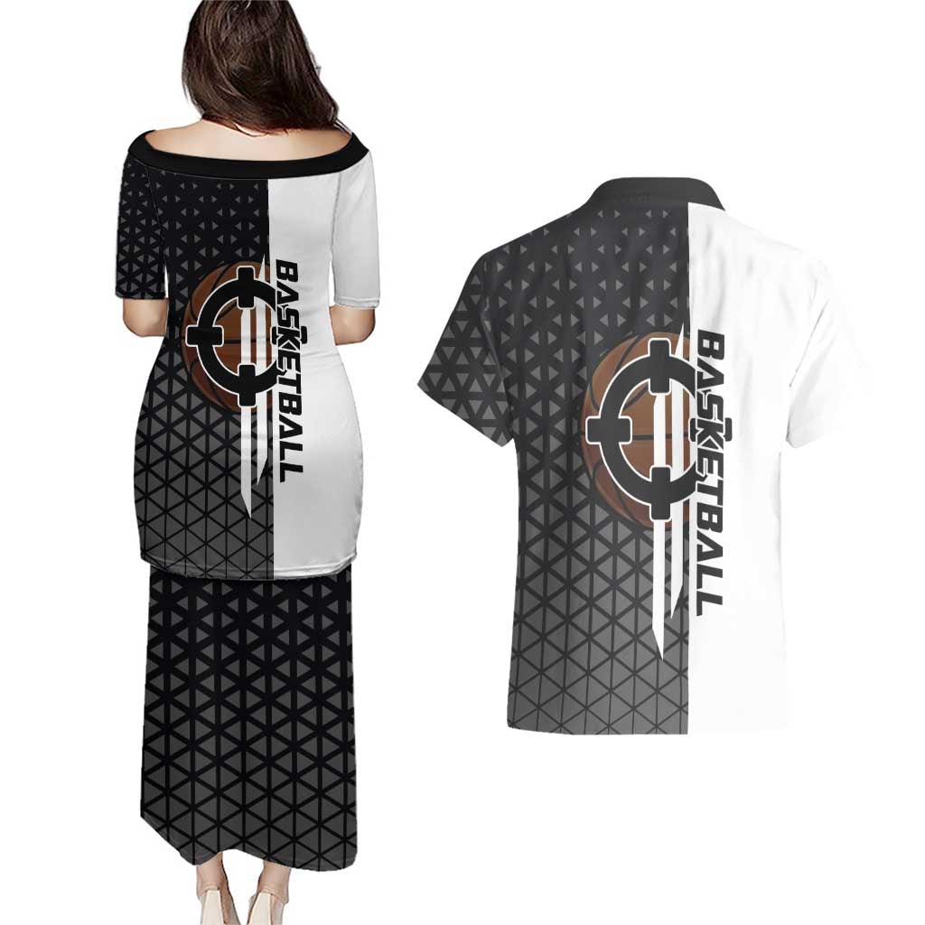 Bartholomew Kuma One Piece Basketball Crossover Design Couples Matching Puletasi and Hawaiian Shirt with Monochrome Geometric Background and Dynamic Pose - The Mazicc