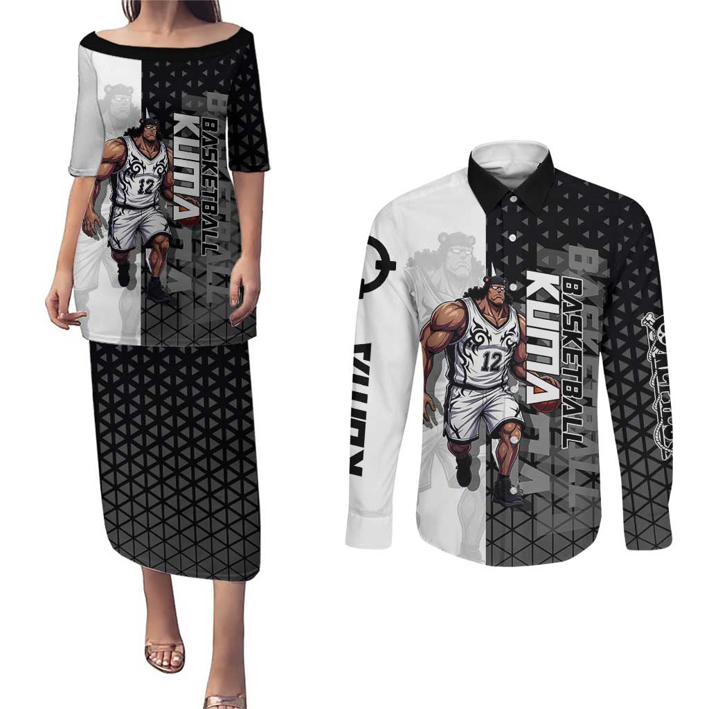 Bartholomew Kuma One Piece Basketball Crossover Design Couples Matching Puletasi and Long Sleeve Button Shirt with Monochrome Geometric Background and Dynamic Pose - The Mazicc