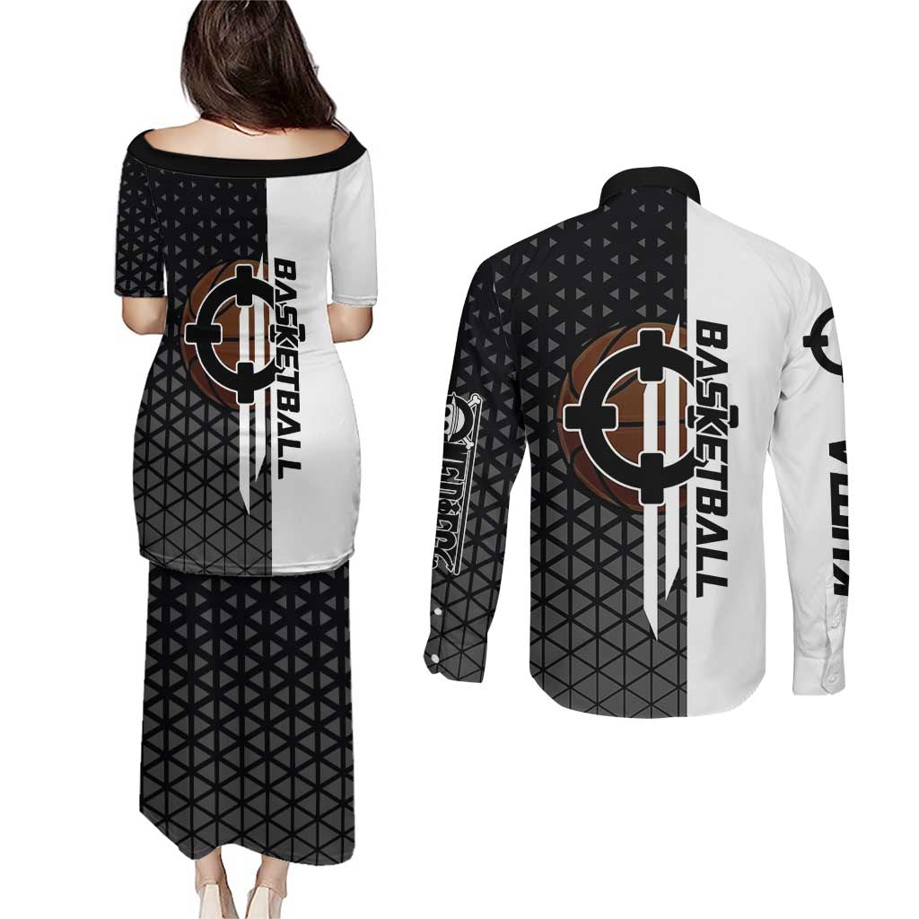 Bartholomew Kuma One Piece Basketball Crossover Design Couples Matching Puletasi and Long Sleeve Button Shirt with Monochrome Geometric Background and Dynamic Pose - The Mazicc