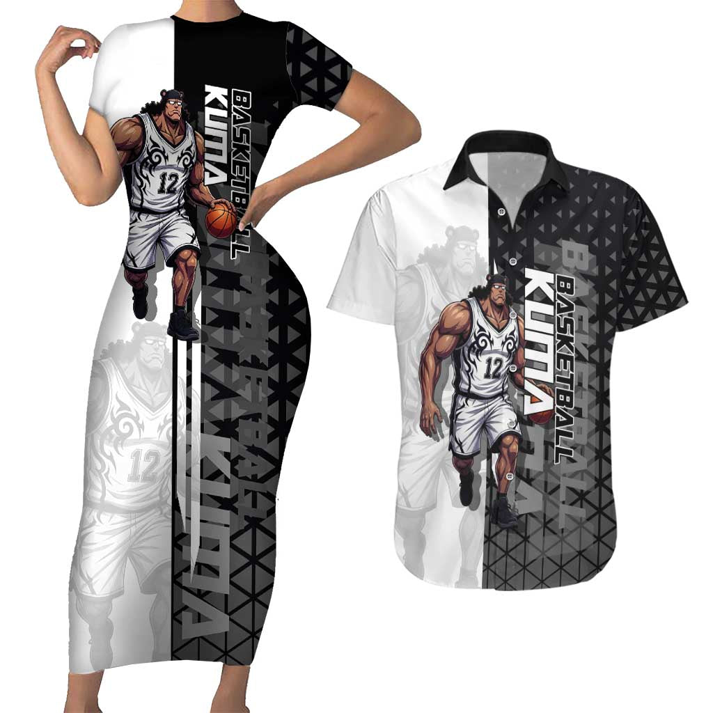 Bartholomew Kuma One Piece Basketball Crossover Design Couples Matching Short Sleeve Bodycon Dress and Hawaiian Shirt with Monochrome Geometric Background and Dynamic Pose - The Mazicc